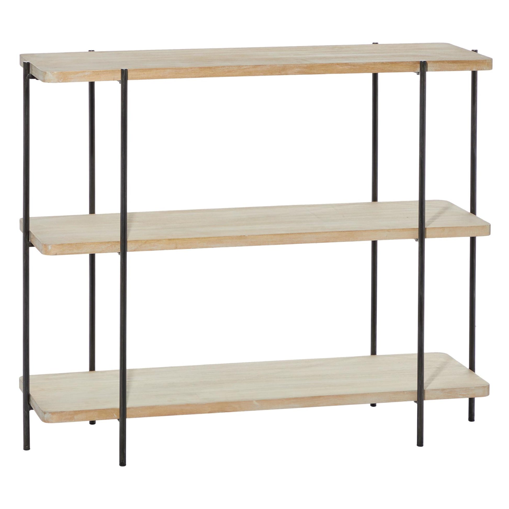 Beige Wood Rounded Rectangular 2 Shelf Living Room Console Table with Slim Black Metal Legs