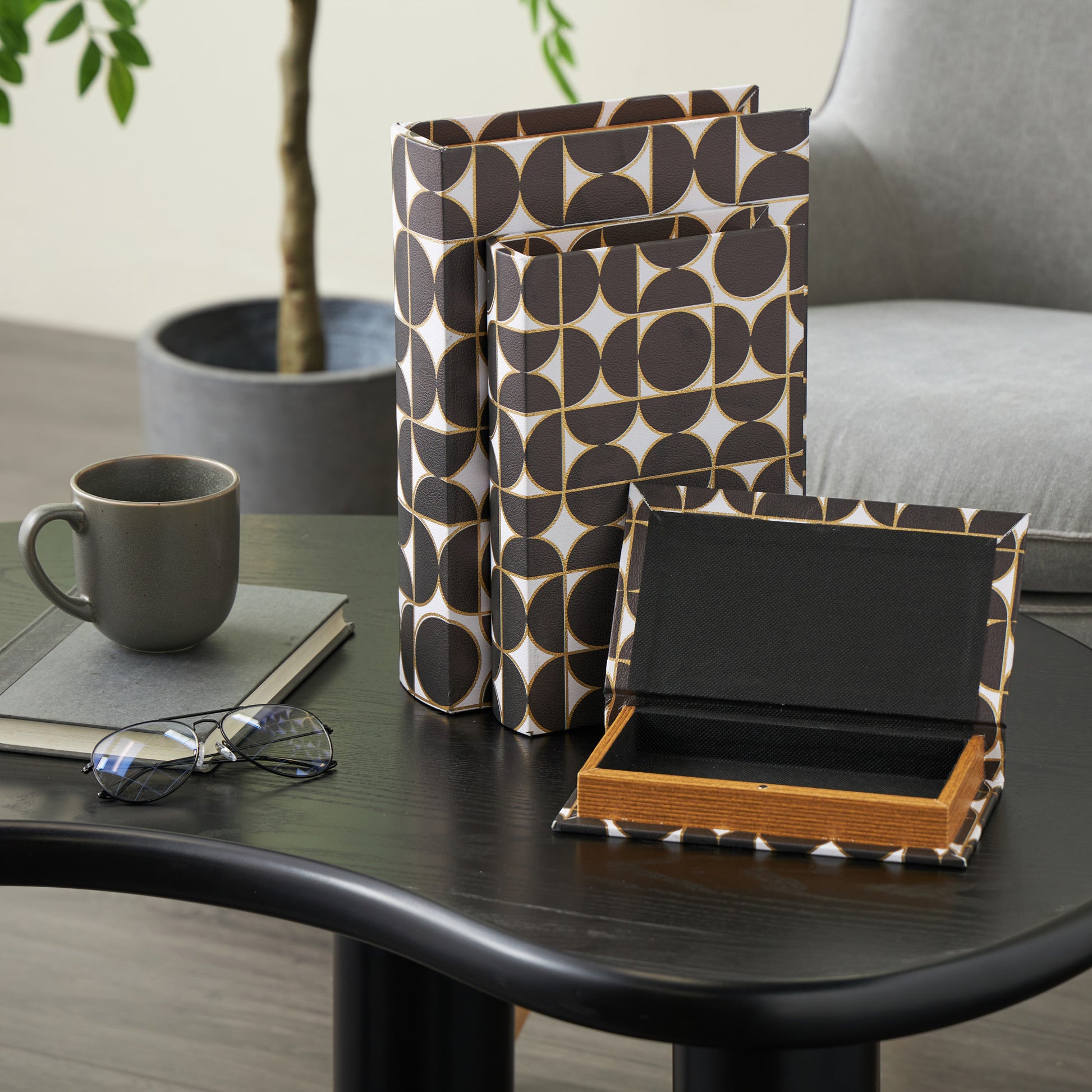 Set of 3 Black Faux Leather Faux Book Storage Decorative Box with Circle and Semi-Circle Pattern