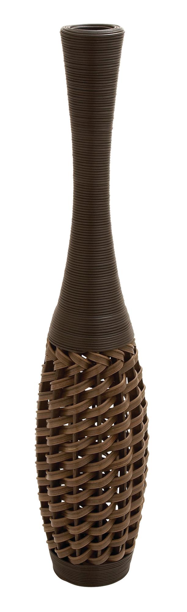 Brown Faux Seagrass Tall Woven Floor Decorative Vase with Dark Brown Wrapped Neck