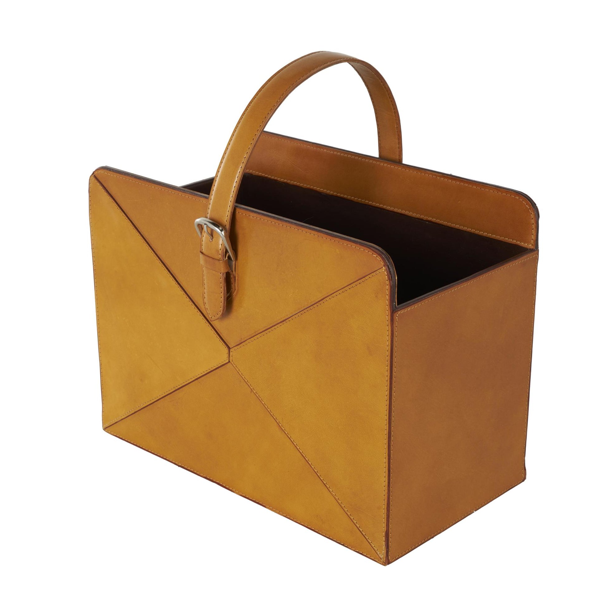 Leather Handmade Box Style Single Slot Decorative Magazine Holder with Detail Stitching and Curved Buckle Handles 16" x 11" x 17"