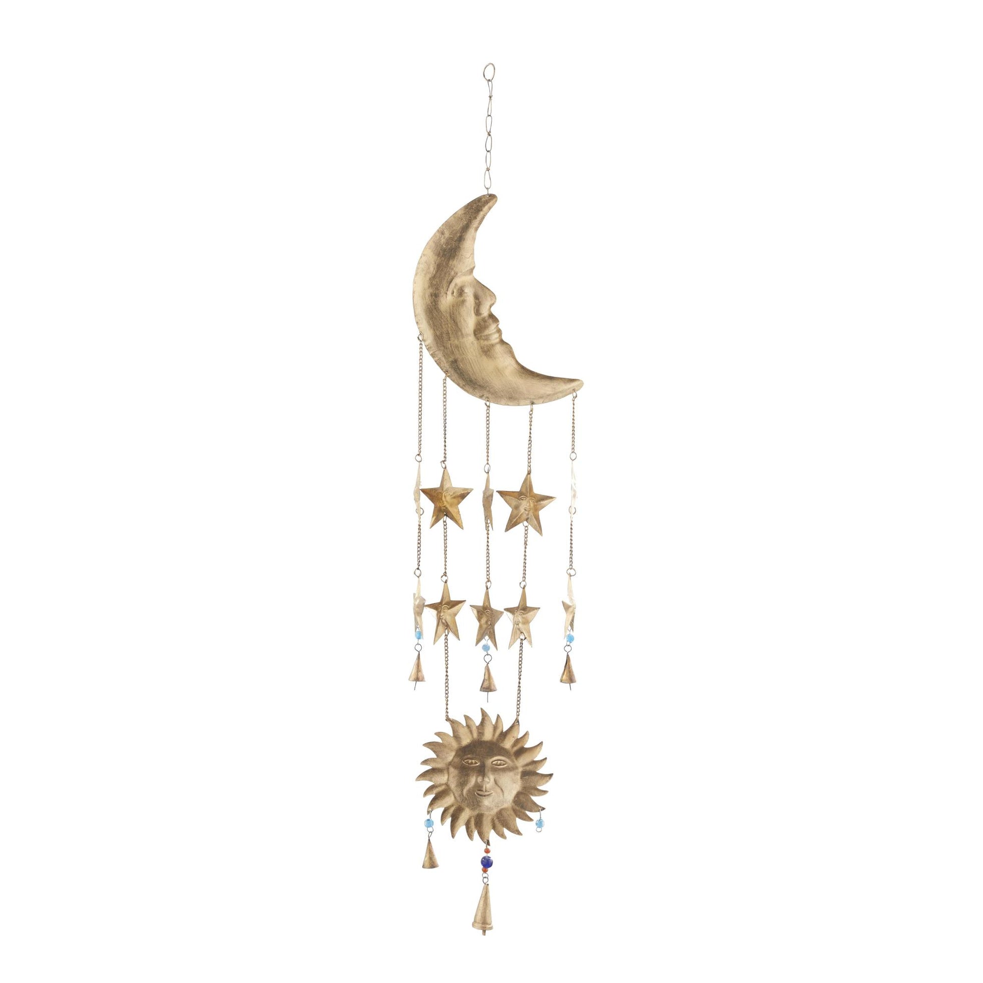 Sun and Moon Gold Metal Handmade Indoor Outdoor Windchime with Glass Beads and Cone Bells