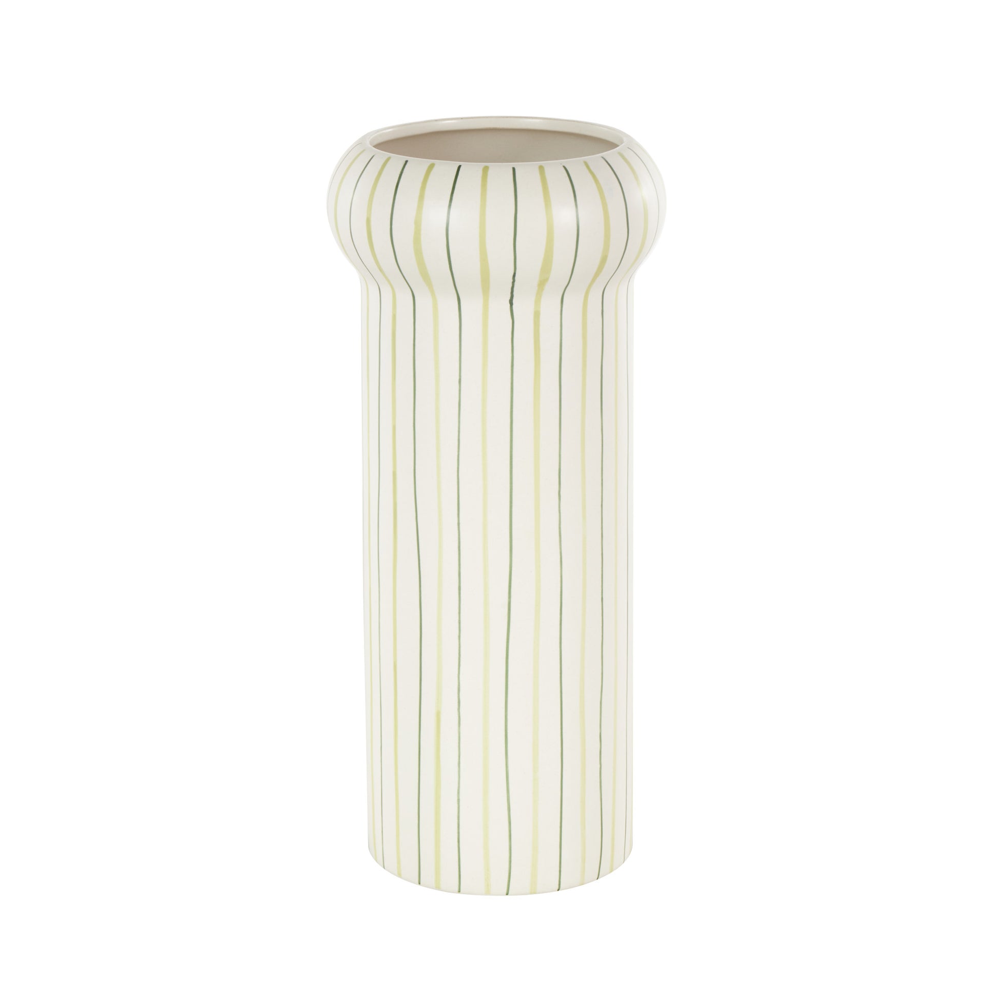 Abstract White Ceramic Round Decorative Vase with Green Linear Patterns