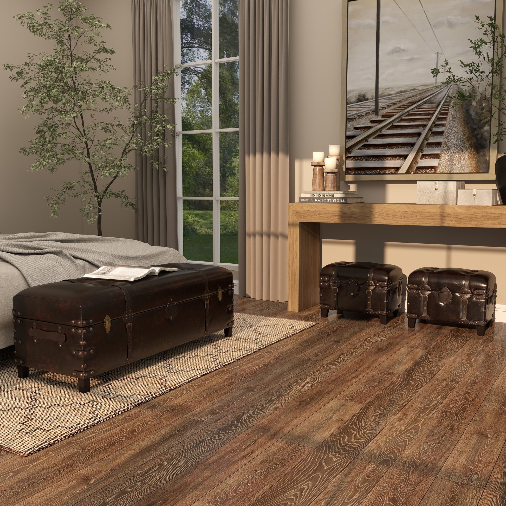 Set of 3 Brown Faux Leather Vintage Room Storage Bench with Faux Leather Buckle Straps and Stud Details