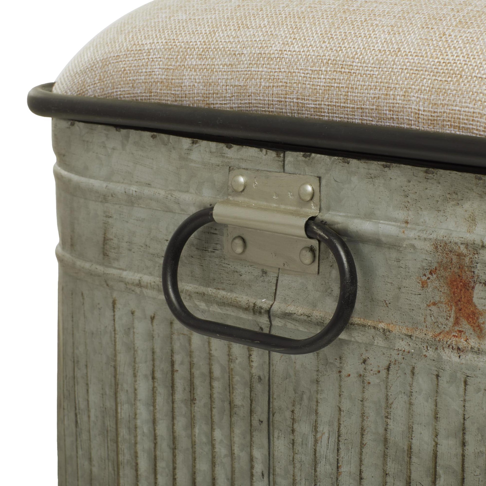 Gray Metal Galvanized Room Storage Bench with Cream Burlap Top and Black Latches