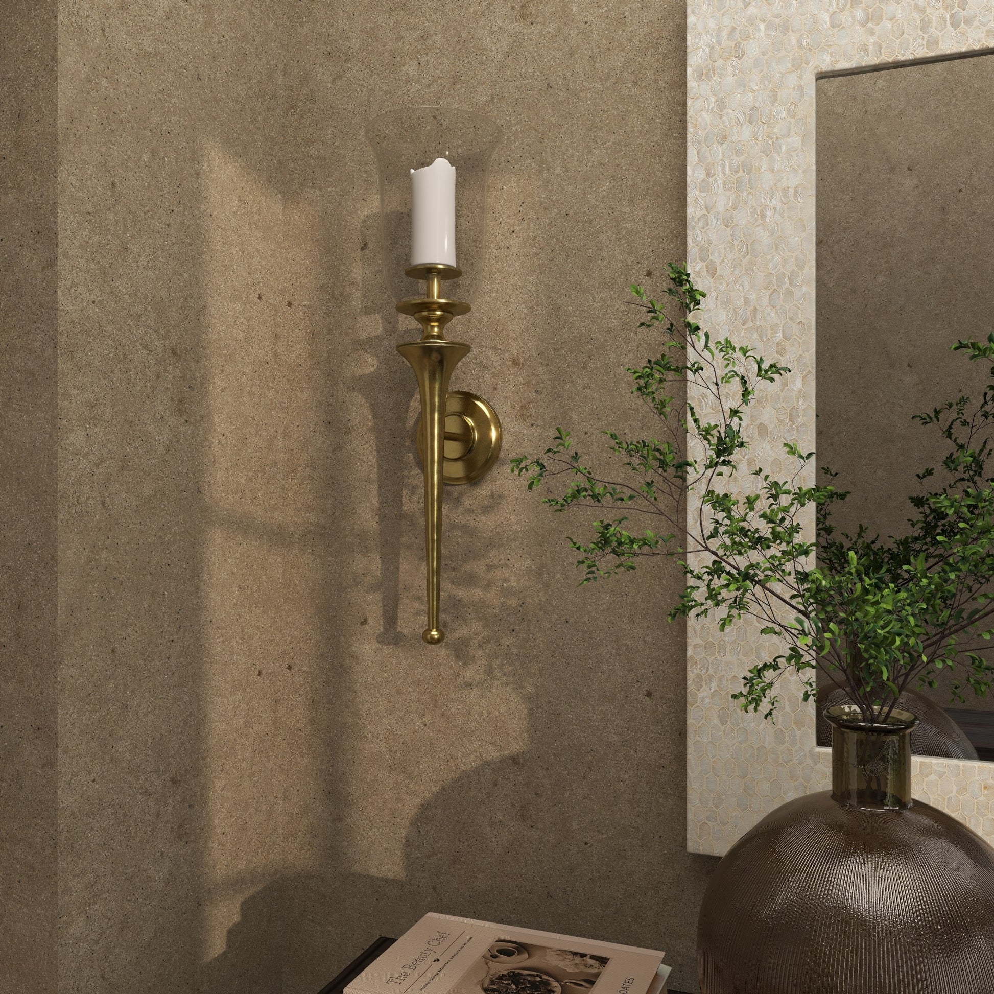 Gold Aluminum Metal Single Candle Indoor Outdoor Wall Sconce with Glass Holder