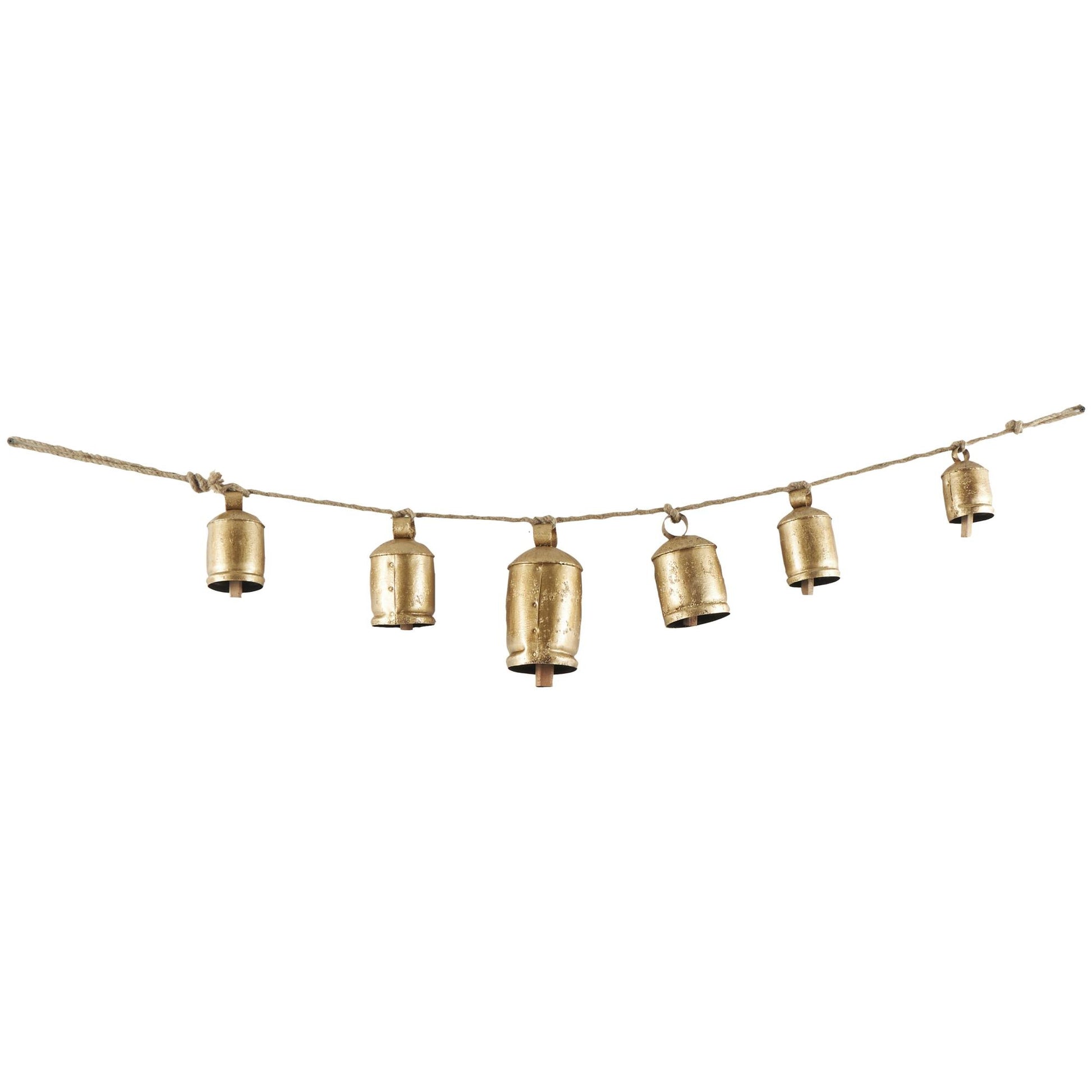 Gold Metal Tibetan Inspired String Hanging Indoor Outdoor Decorative Cow Bells with 6 Bells on Jute Hanging Rope