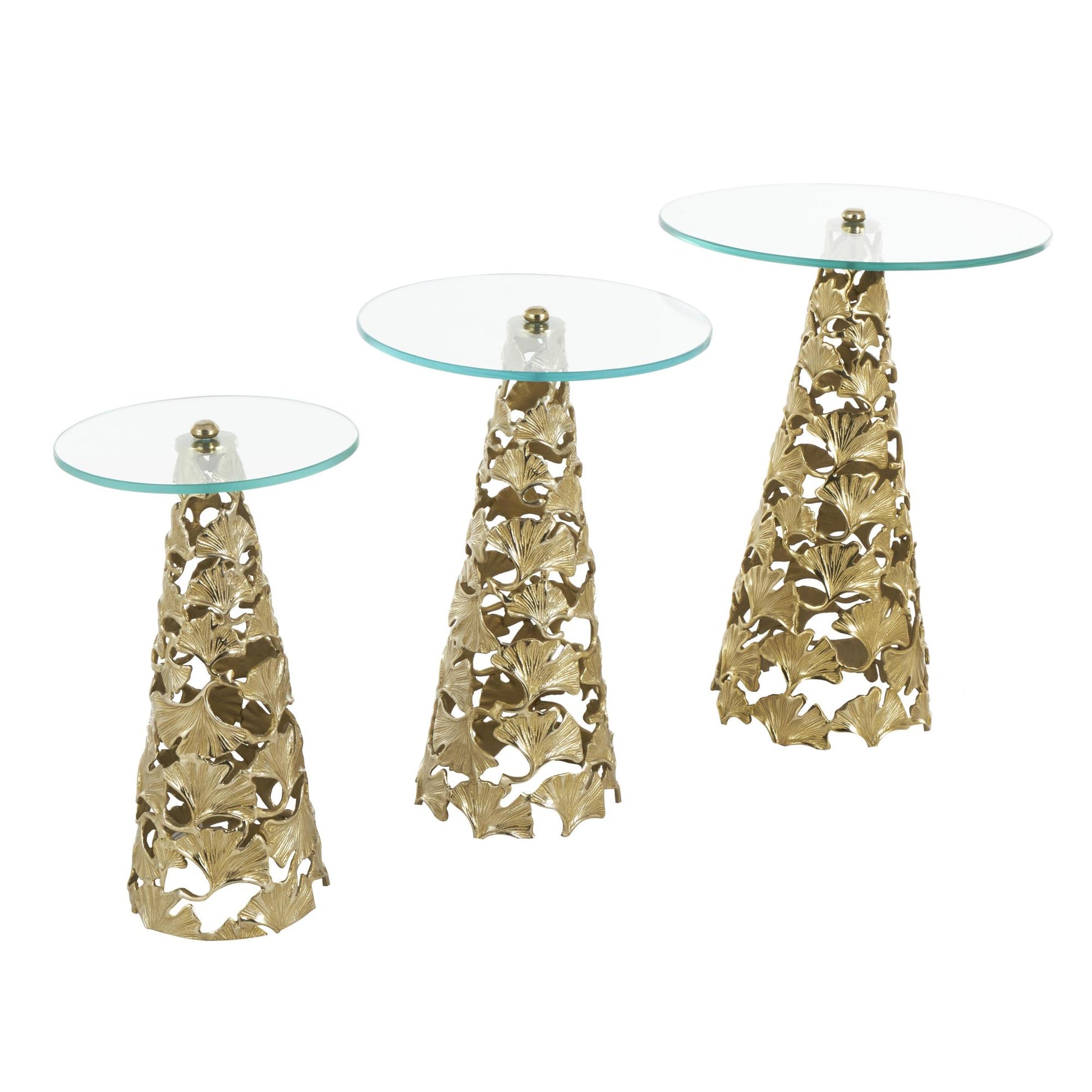 Set of 3 Floral Aluminum Metal Cutout Cone Shaped Side End Accent Table with Tempered Glass Tabletop