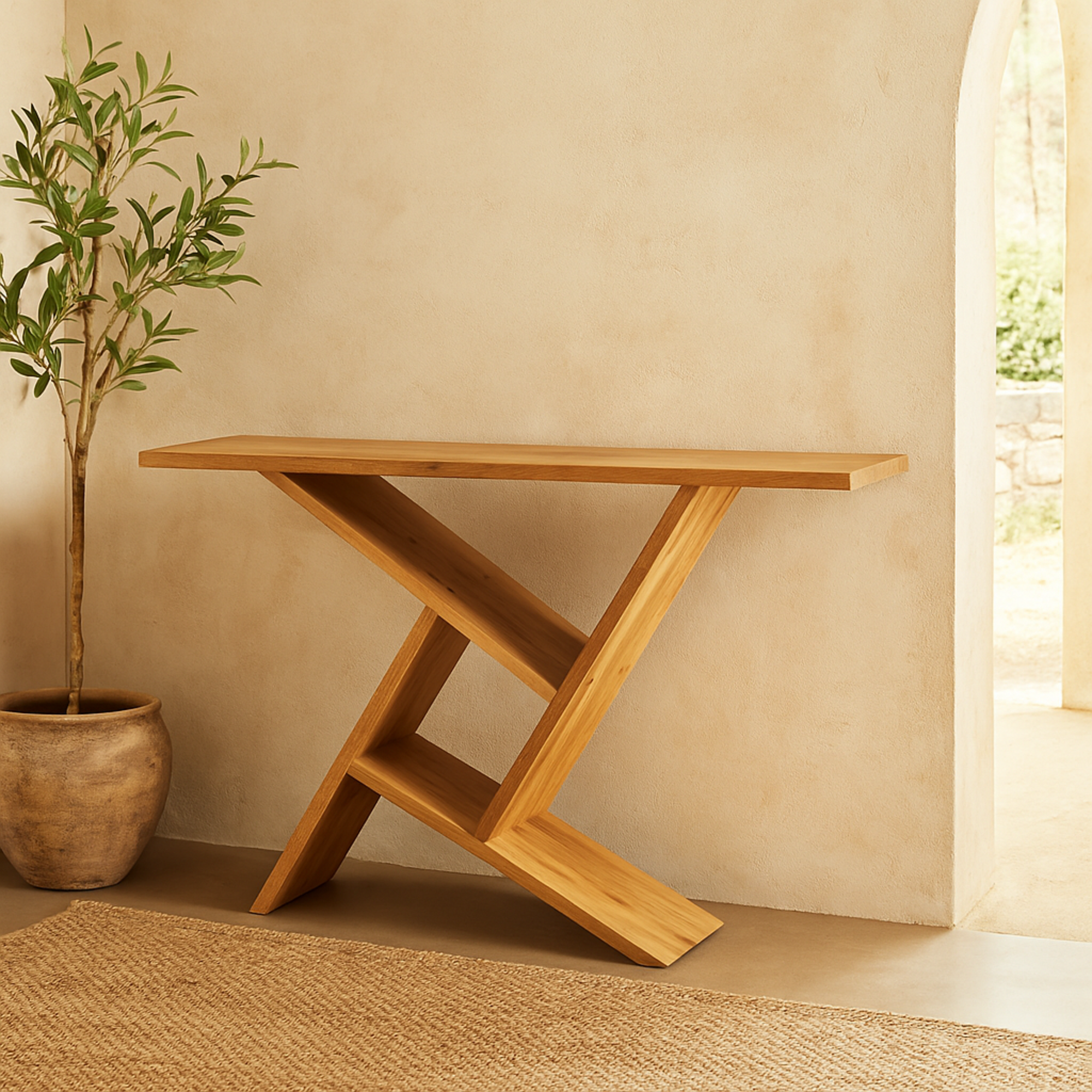 Geometric Brown Wood Living Room Console Table with Rectangular Patterned Legs