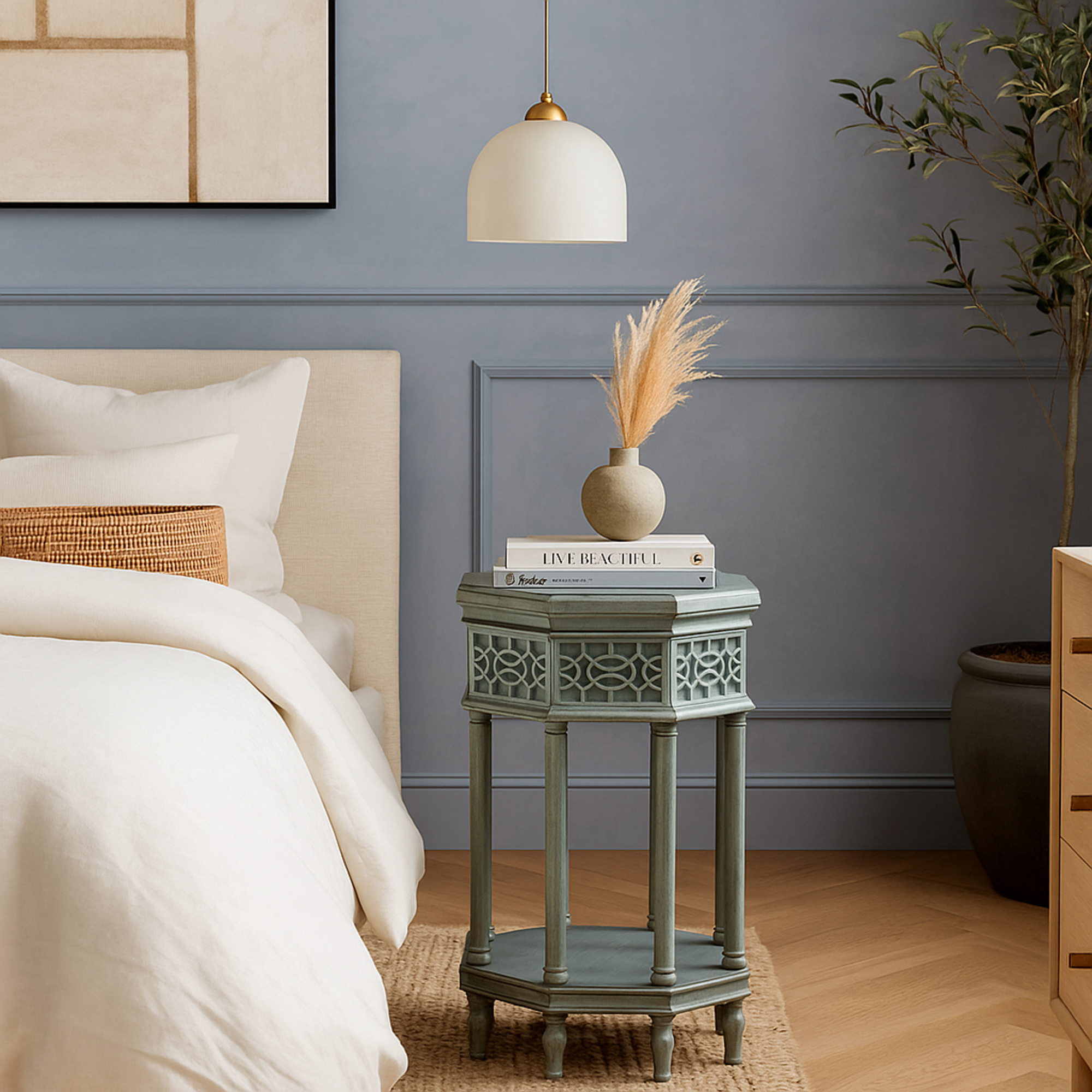 Geometric Gray Wooden Octagon Side End Accent Table with Elegant Carved Pattern and 8 Turned Pillar Legs