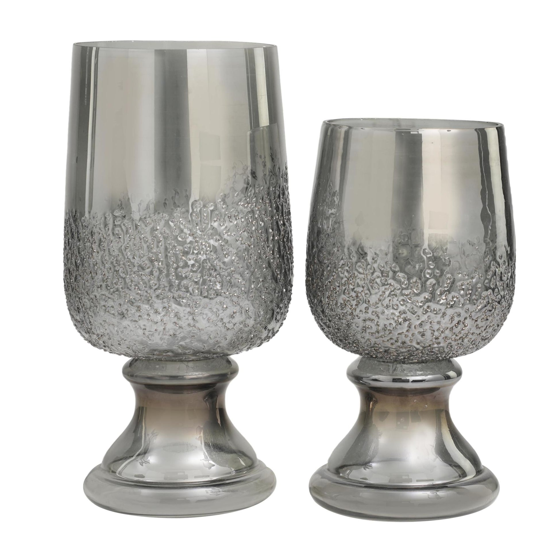 Set of 2 Gray Glass Tinted Decorative Candle Holder with Textured Exterior