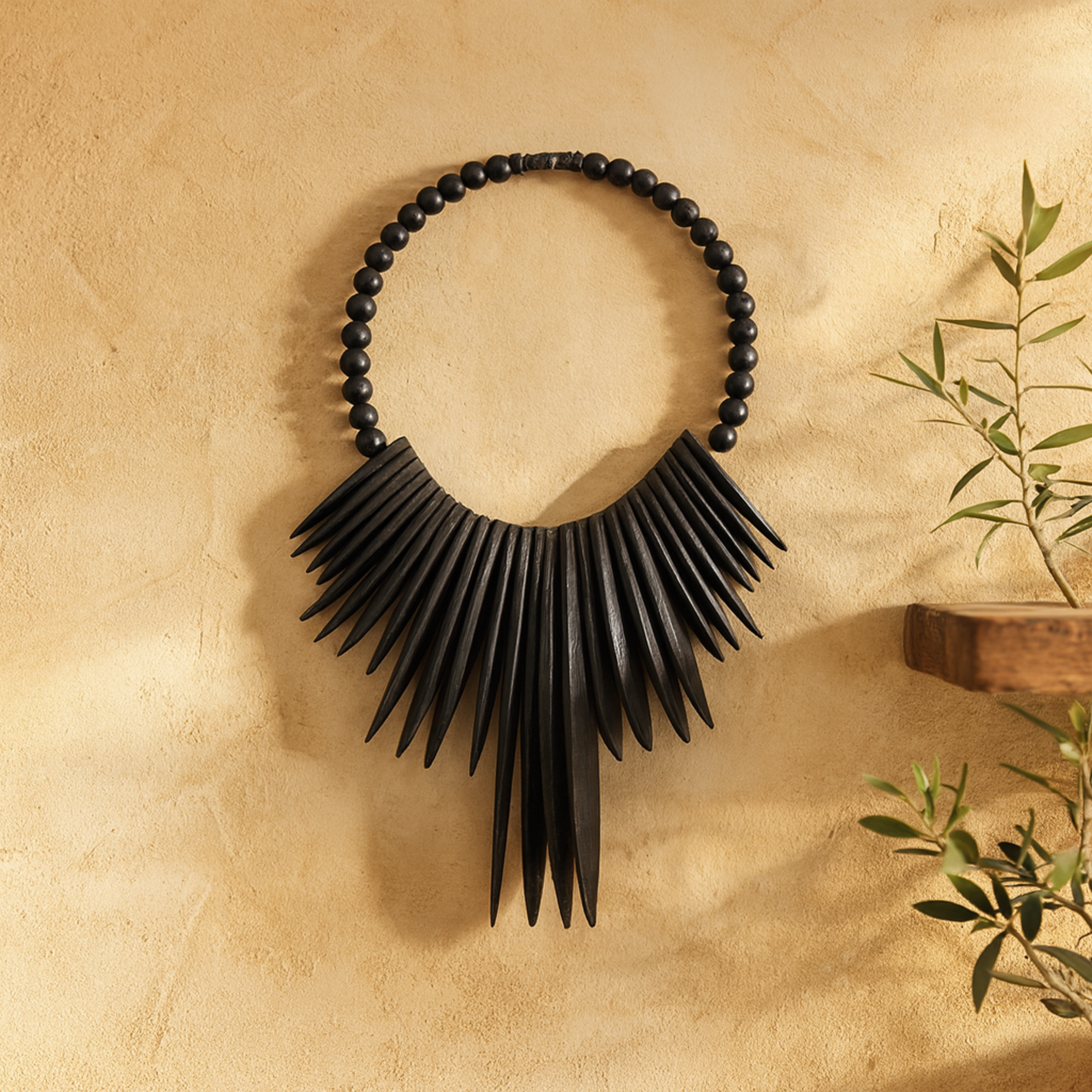 Tribal Wood Statement Necklace Home Wall Decor with Beaded Detailing