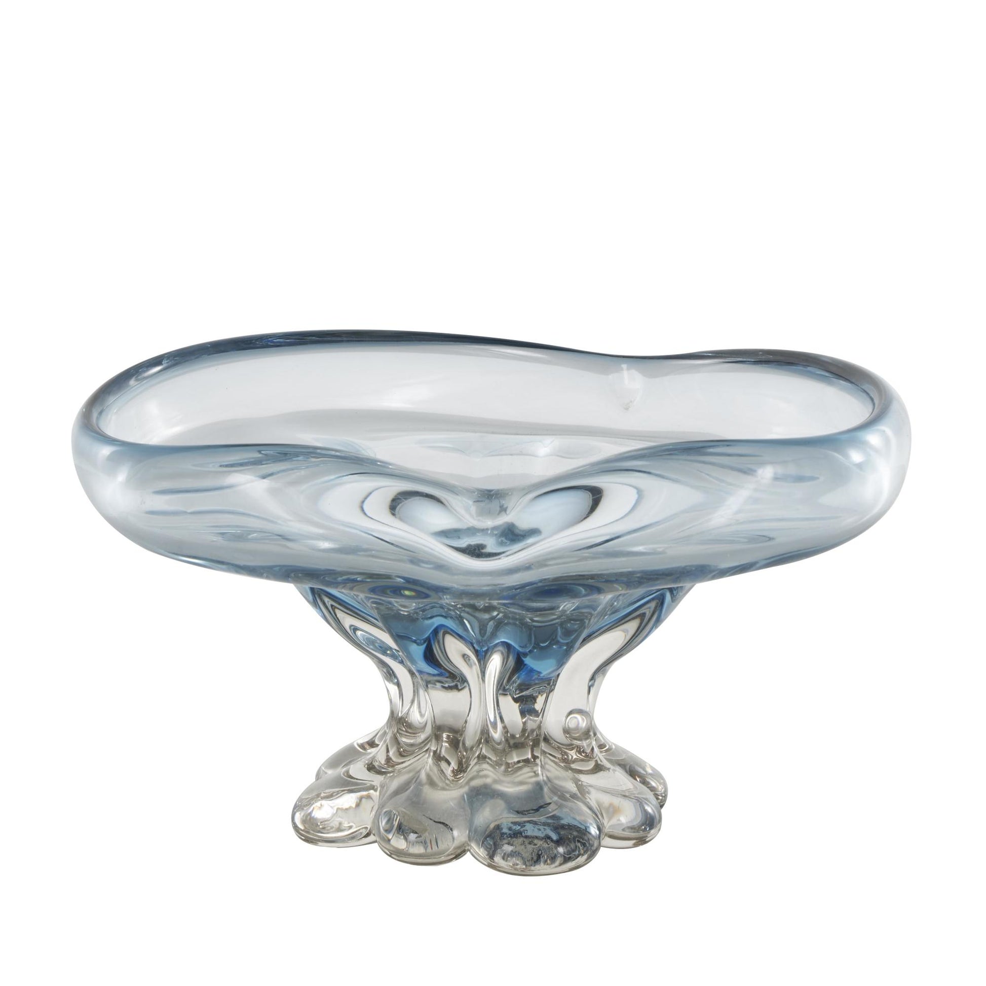 Heart Blue Glass Ombre Large Decorative Bowl with Folded Curve Opening and Scalloped Base