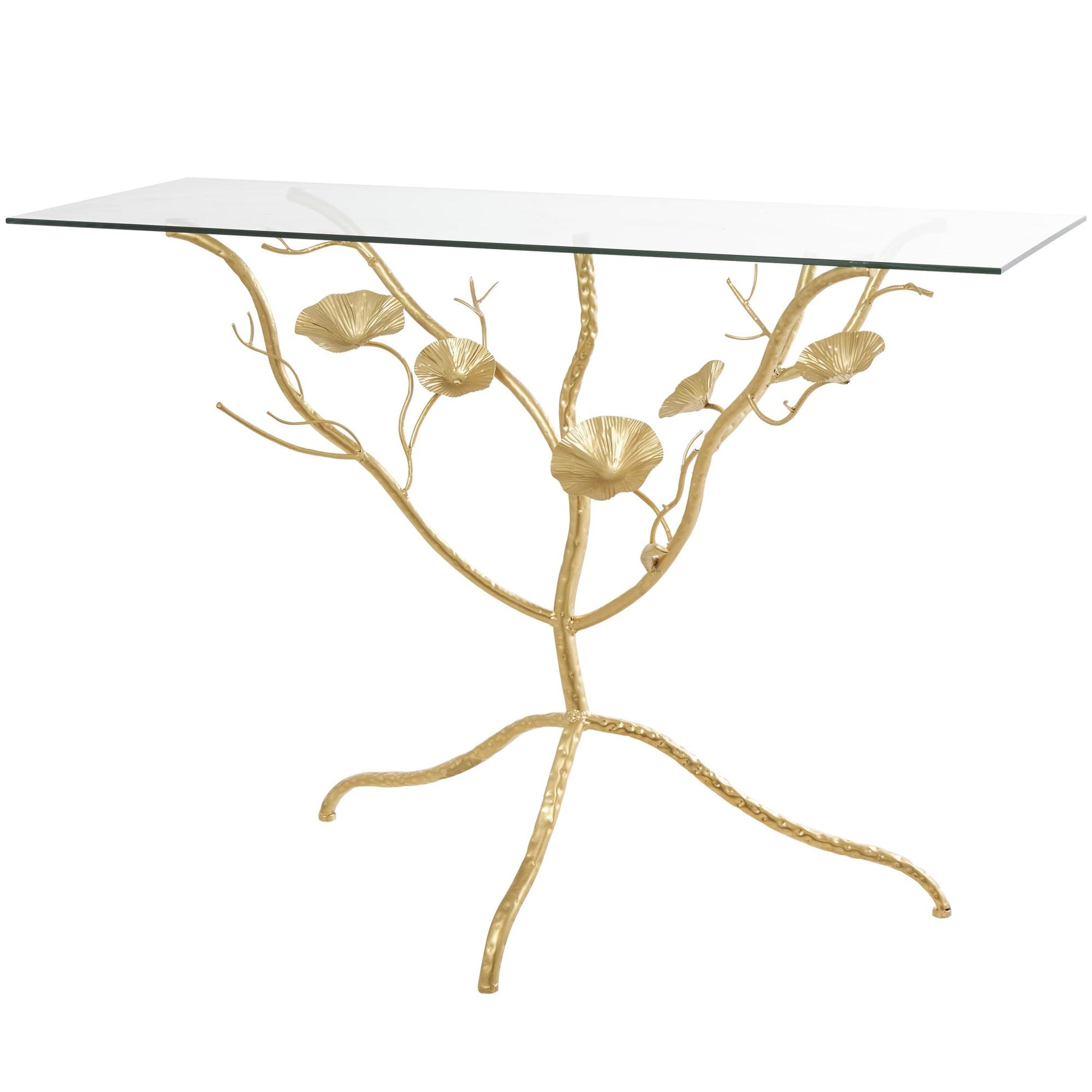 Floral Gold Metal Branch Living Room Console Table with Tempered Glass Top
