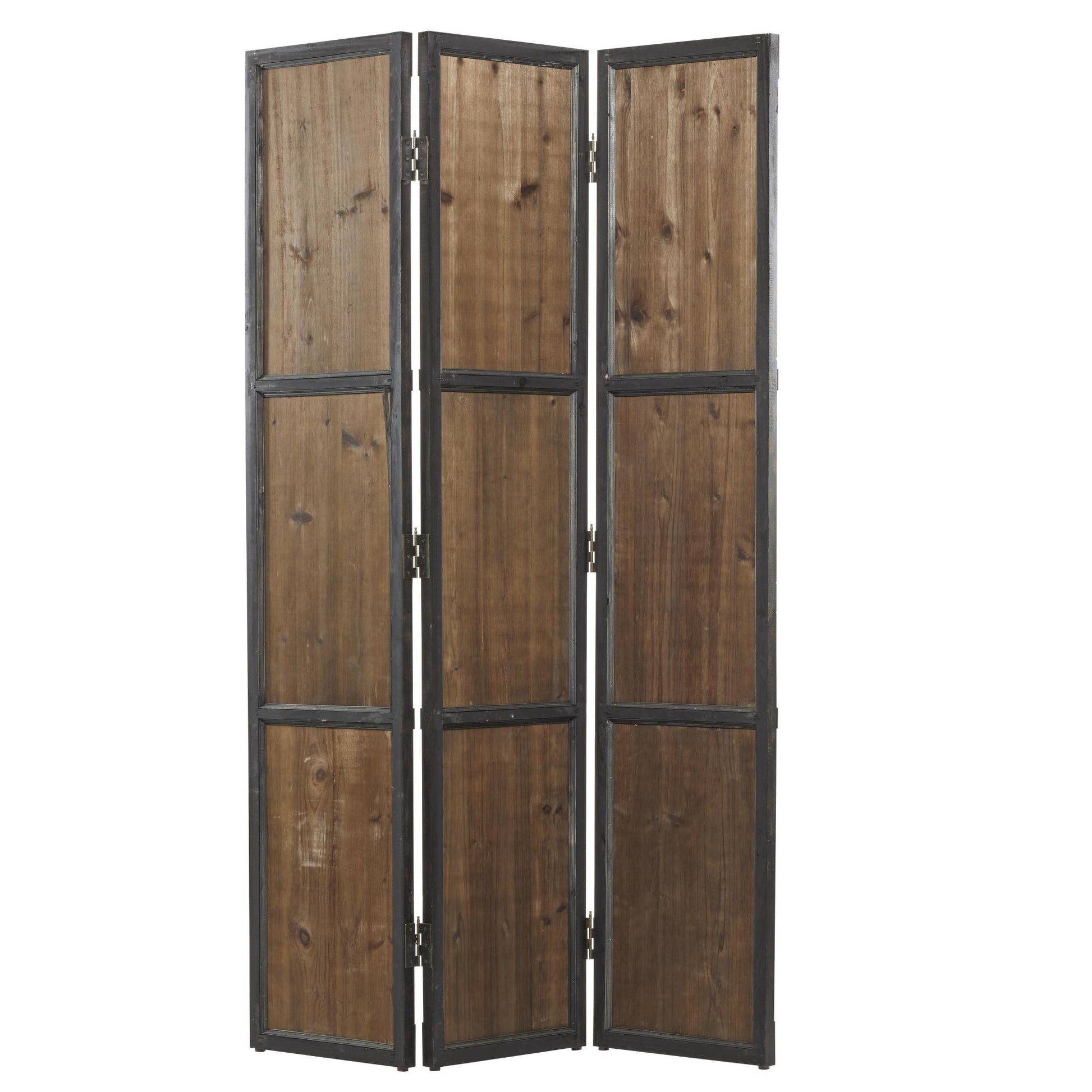Brown Wood Hinged Foldable Partition 3 Panel Partition Room Divider Screen with Solid Wood Panels