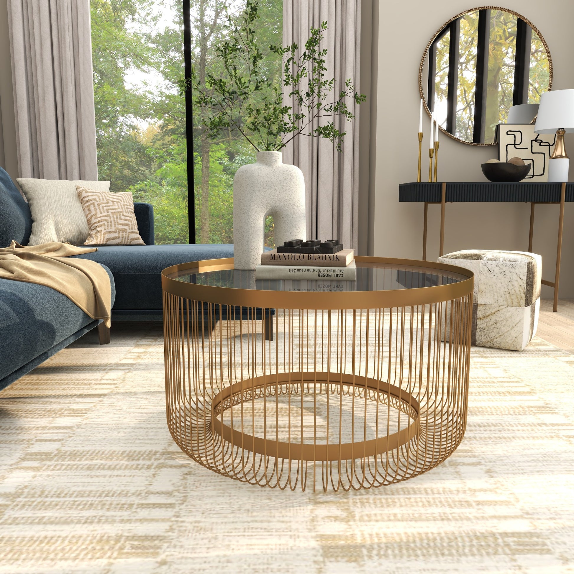 Gold Metal Living Room Coffee Table with Clear Glass Top