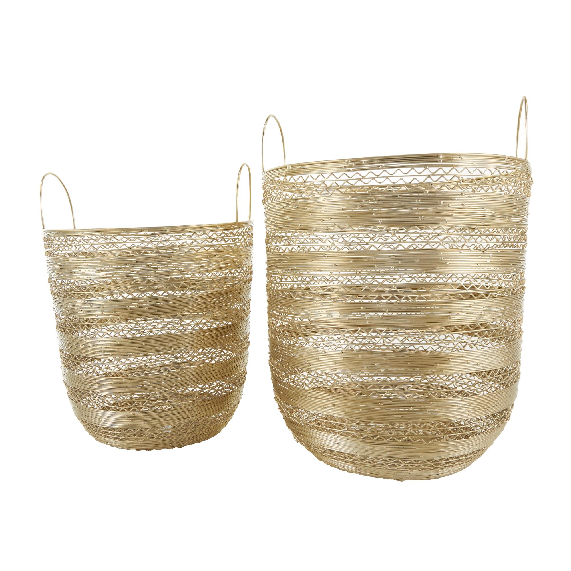 Set of 2 Gold Metal Open Frame Wire Decorative and Functional Storage Basket with Zig Zag Patterns