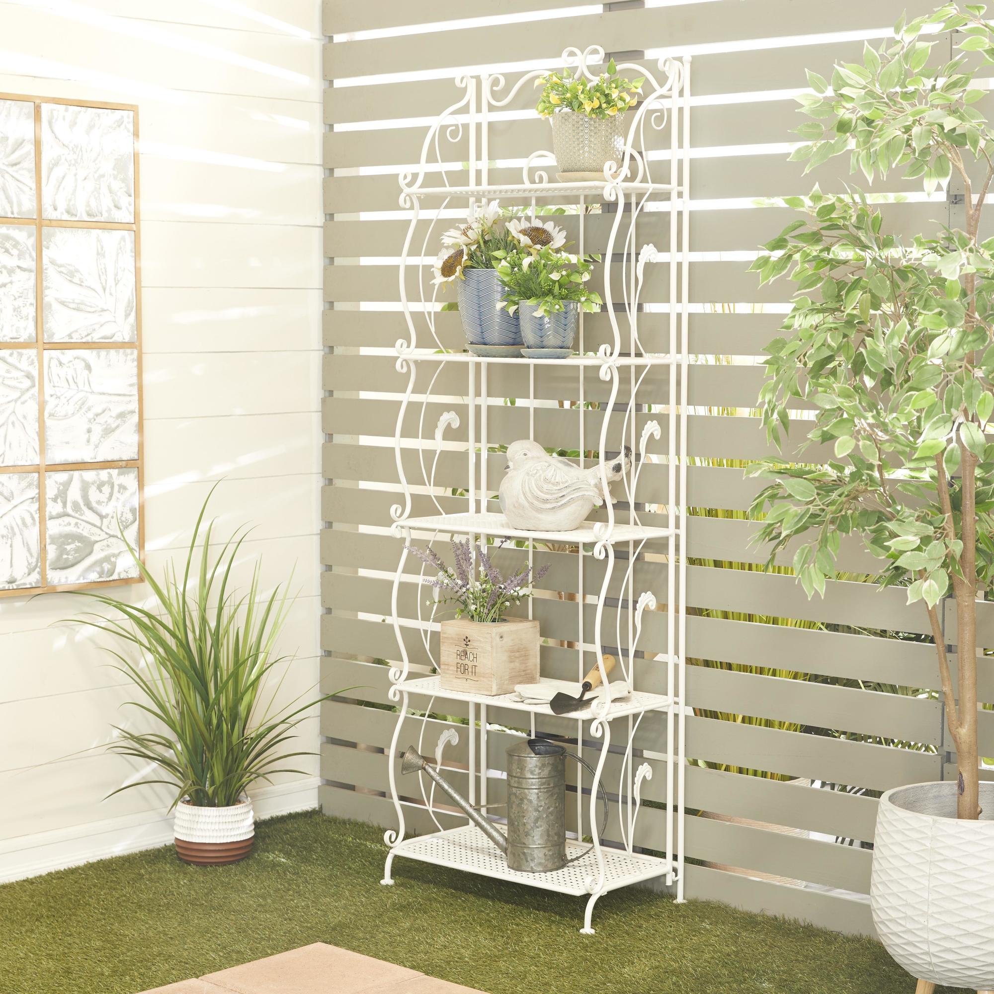 Scroll White Metal Indoor Outdoor Tall Folding 5 Shelves Decorative Bakers Rack