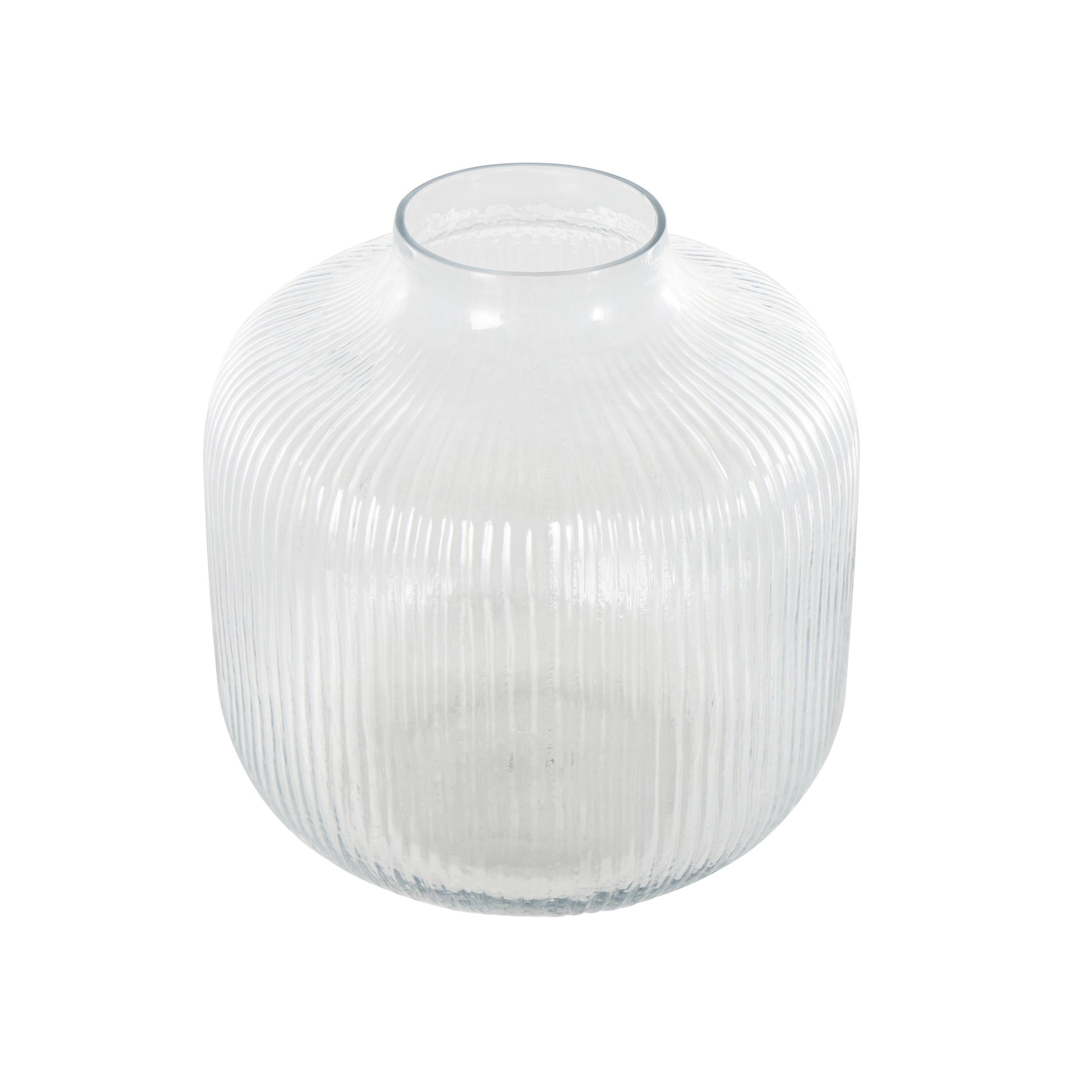 Clear Glass Short Round Ribbed Fluted Decorative Vase