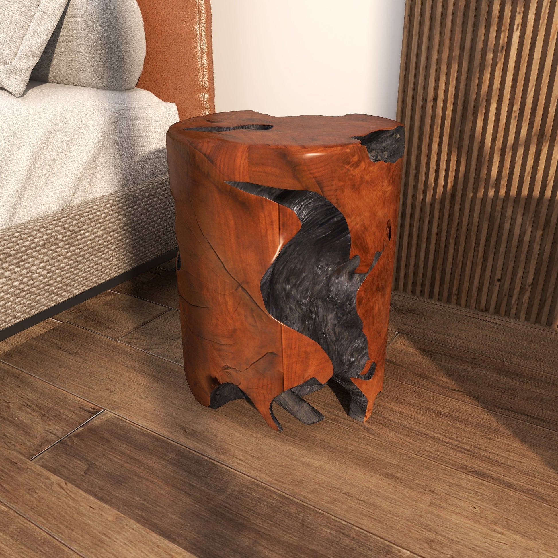 Brown Teak Wood Handmade Live Edge Stump Living Room Stool with Charred Detailing