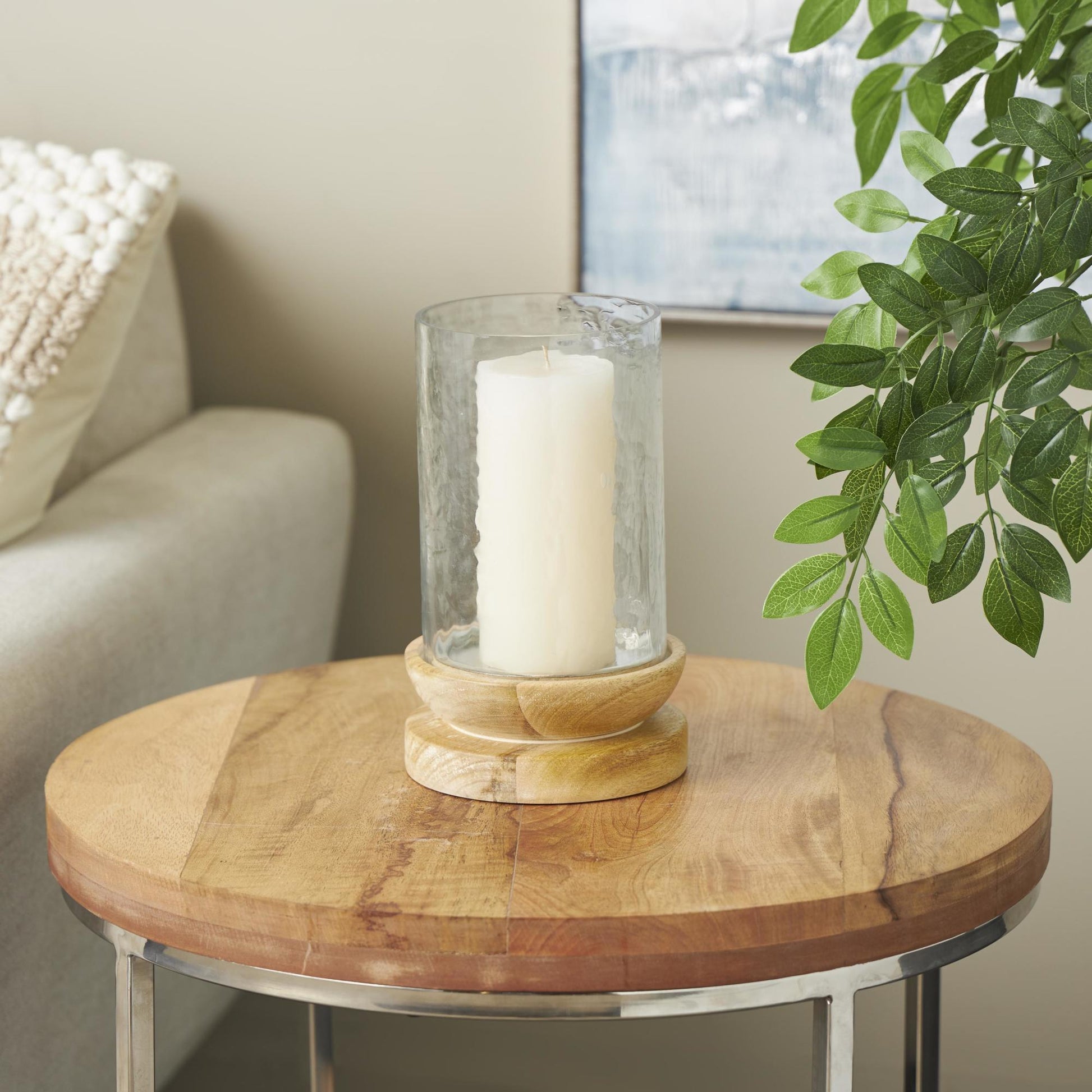 Cream Wood Single Candle Room Hurricane Lamp