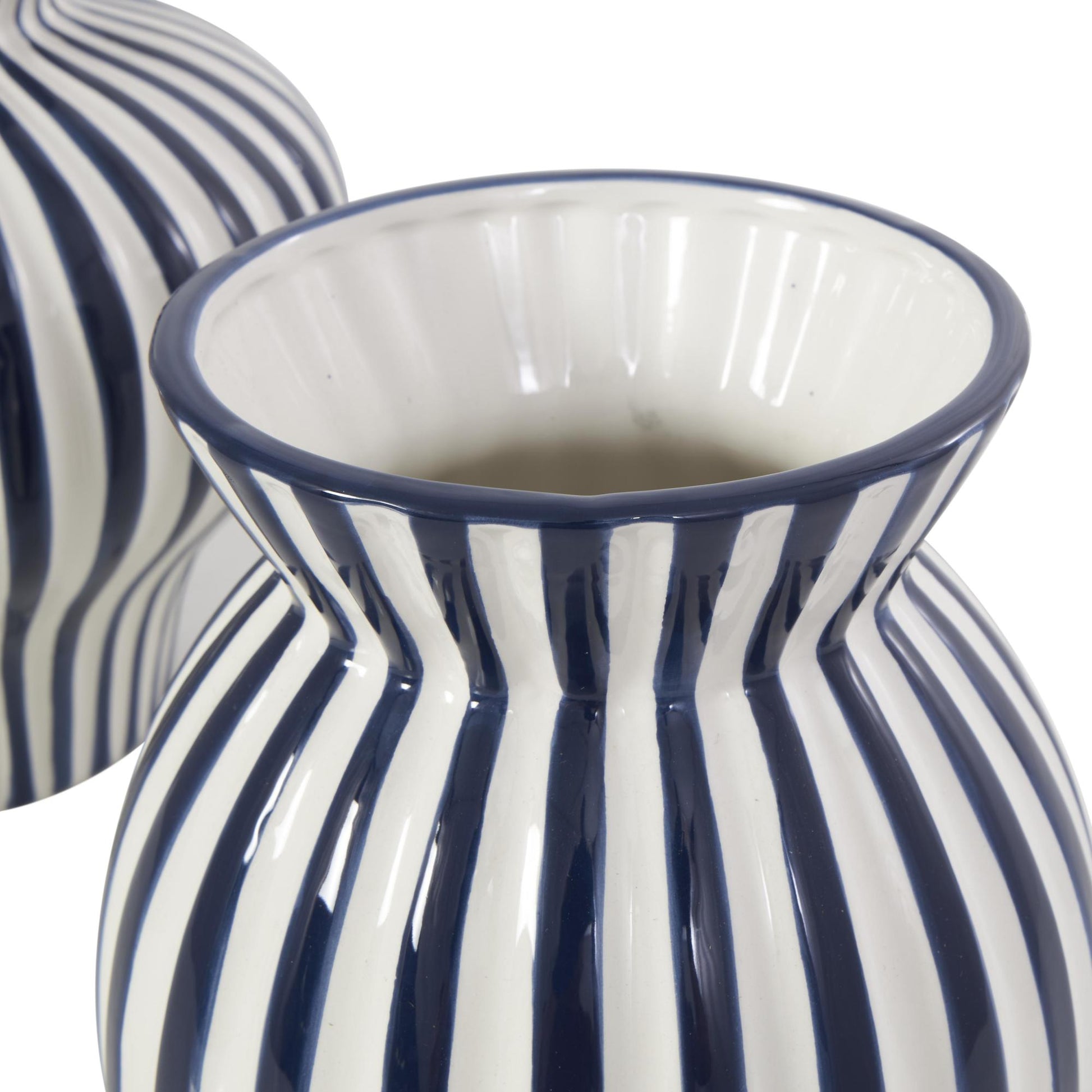 Set of 2 Blue Ceramic Striped Rounded Decorative Vase with Varying Shapes