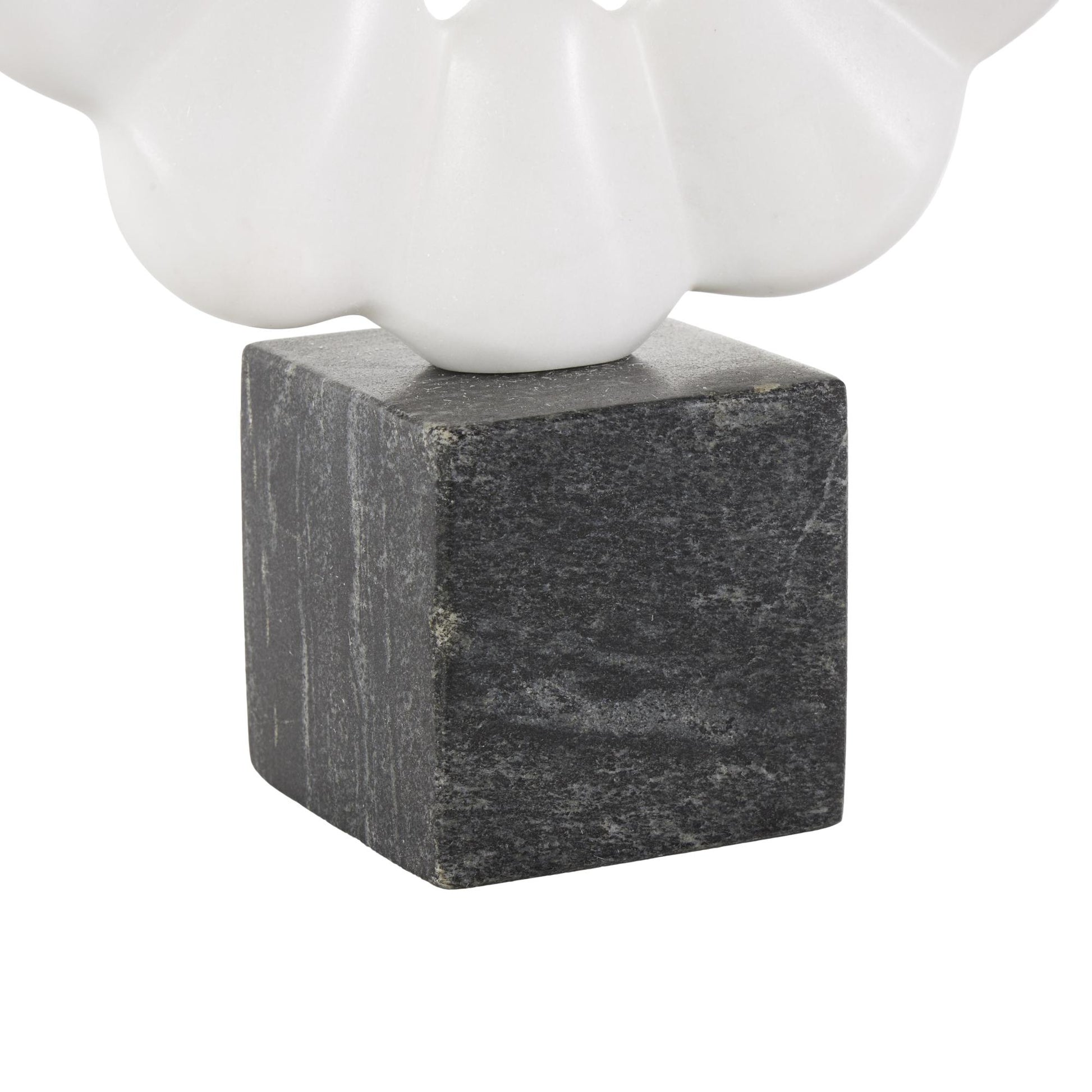 Geometric White Marble Floral Inspired Ring Decorative Sculpture with Black Block Base