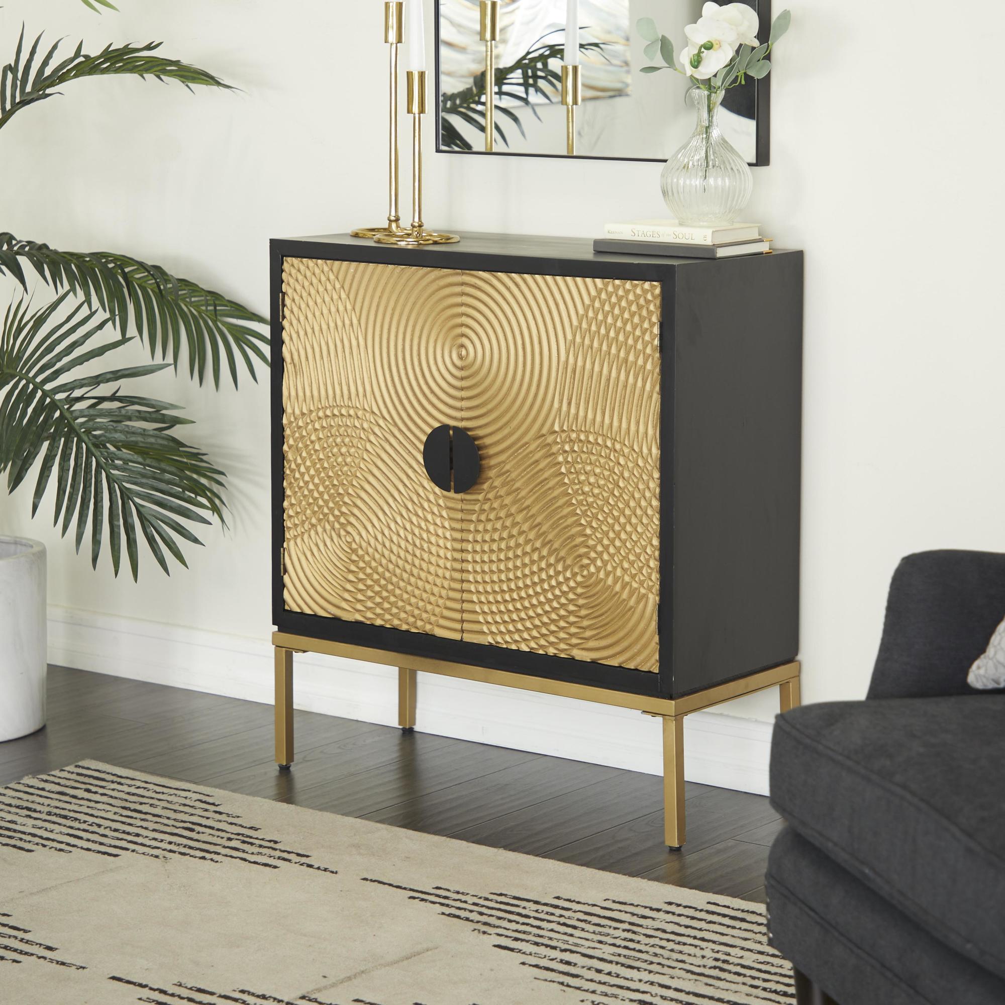 Geometric Bronze Wood Relief Ripple Design 2 Door Room Cabinet with Crescent Moon Handles