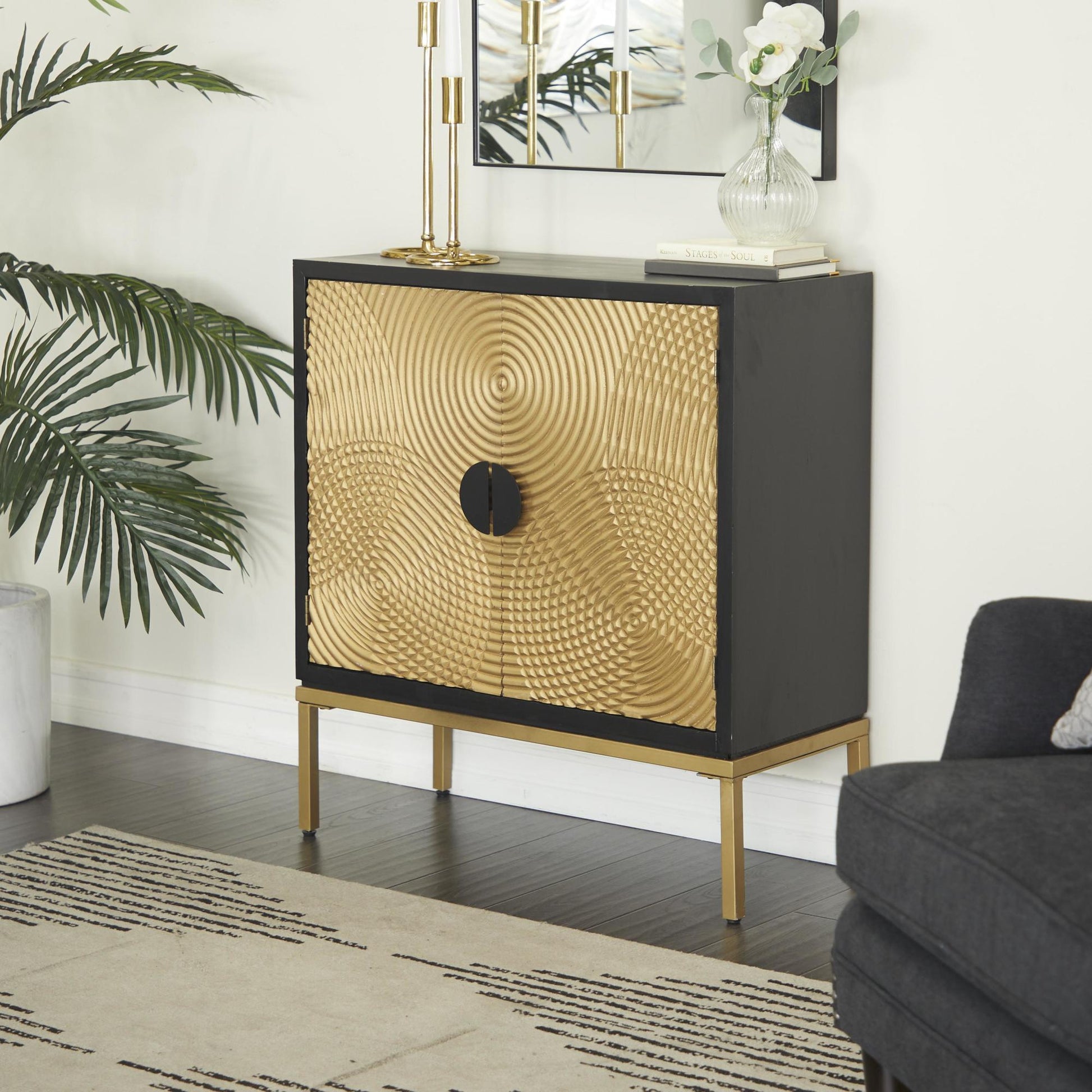 Geometric Bronze Wood Relief Ripple Design 2 Door Room Cabinet with Crescent Moon Handles