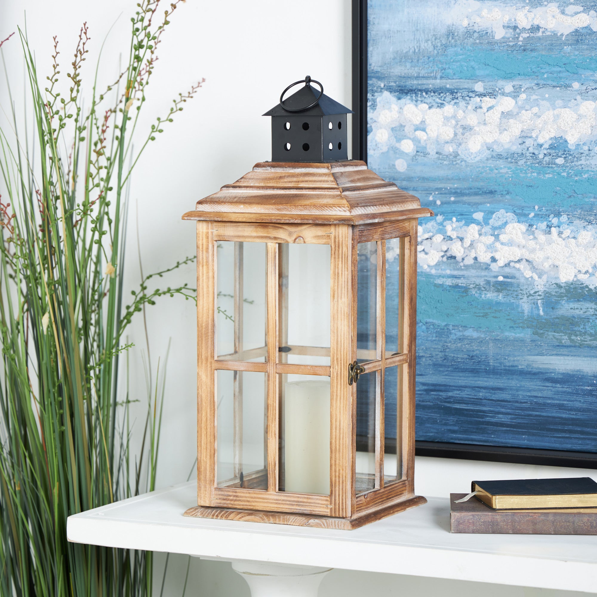 Wood Lighthouse Style Decorative Indoor Outdoor Candle Lantern with Black Ring Handle 9" x 9" x 22"