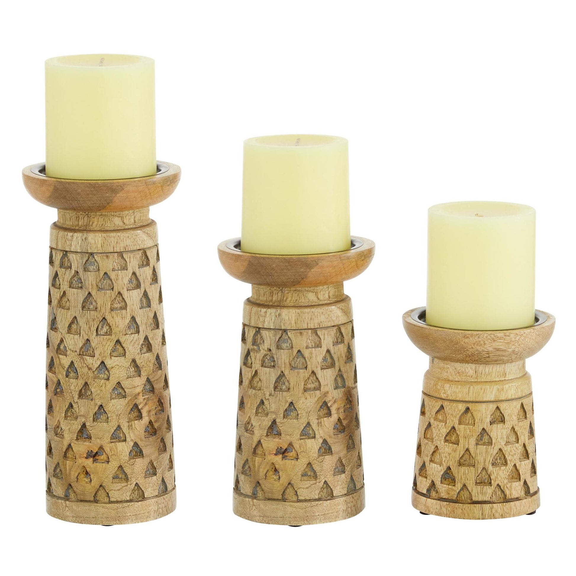 Set of 3 Geometric Brown Mango Wood Handmade Intricate Carved Pillar Decorative Candle Holder