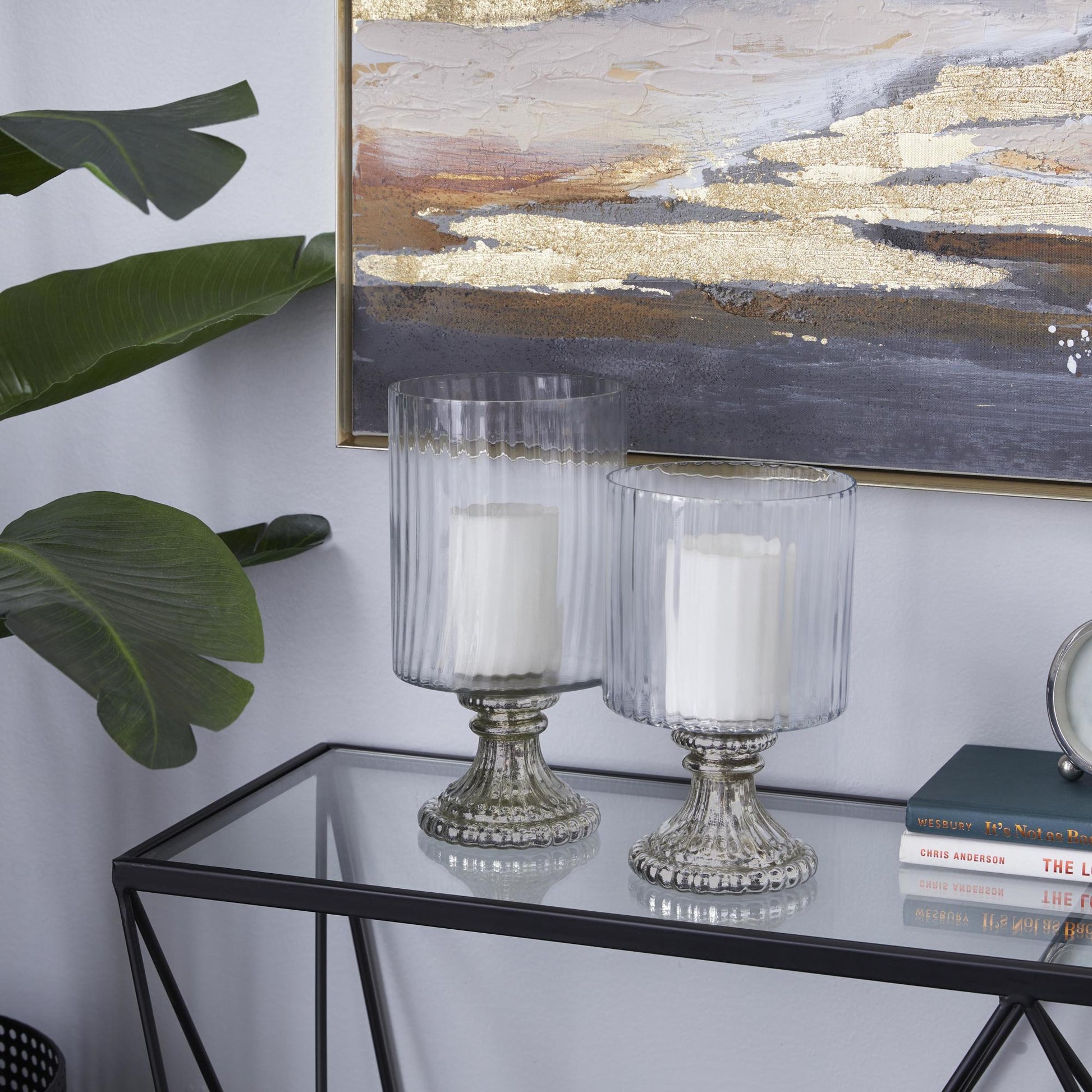 Set of 2 Silver Glass Room Hurricane Lamp