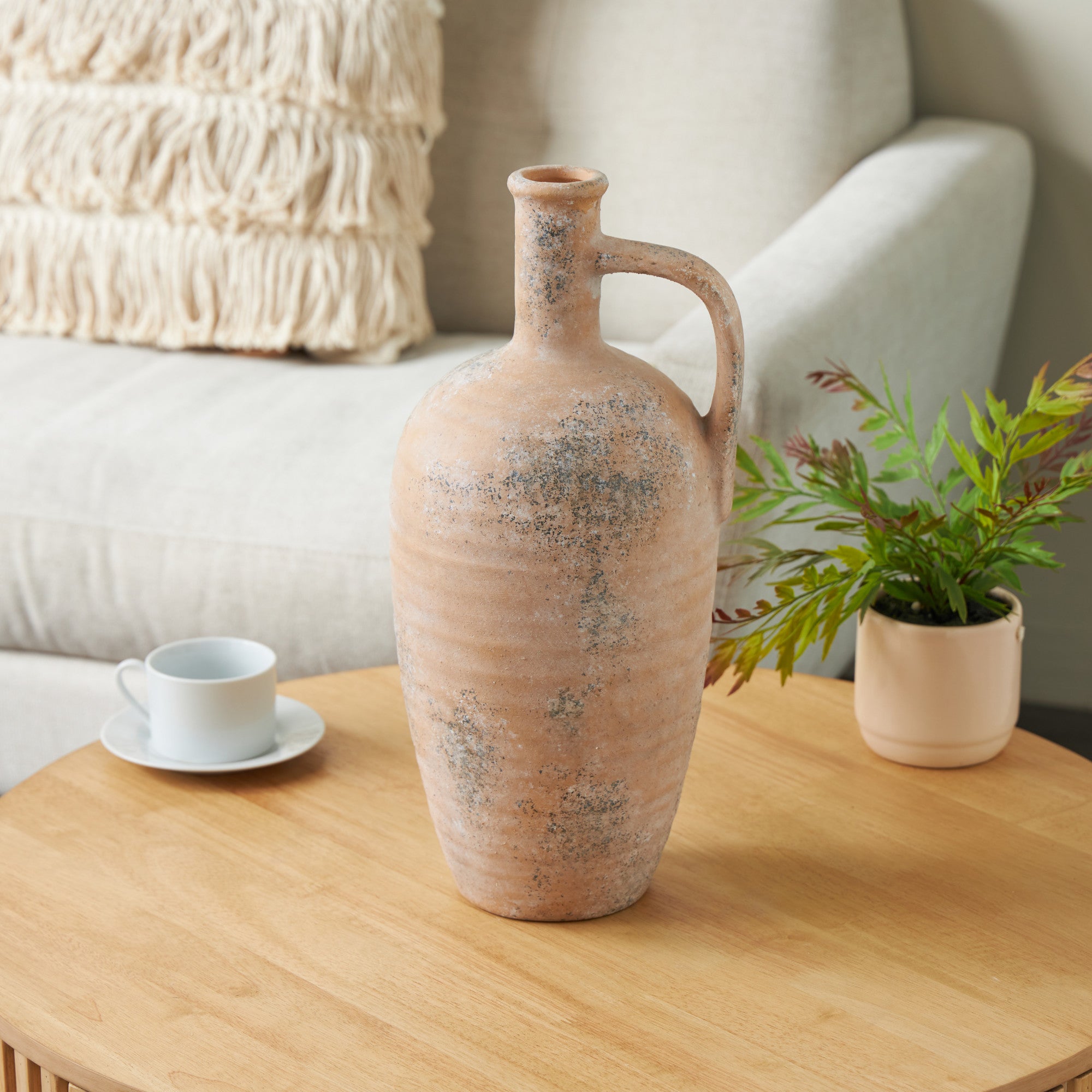 Beige Ceramic Antique Style Distressed Decorative Vase with Handle