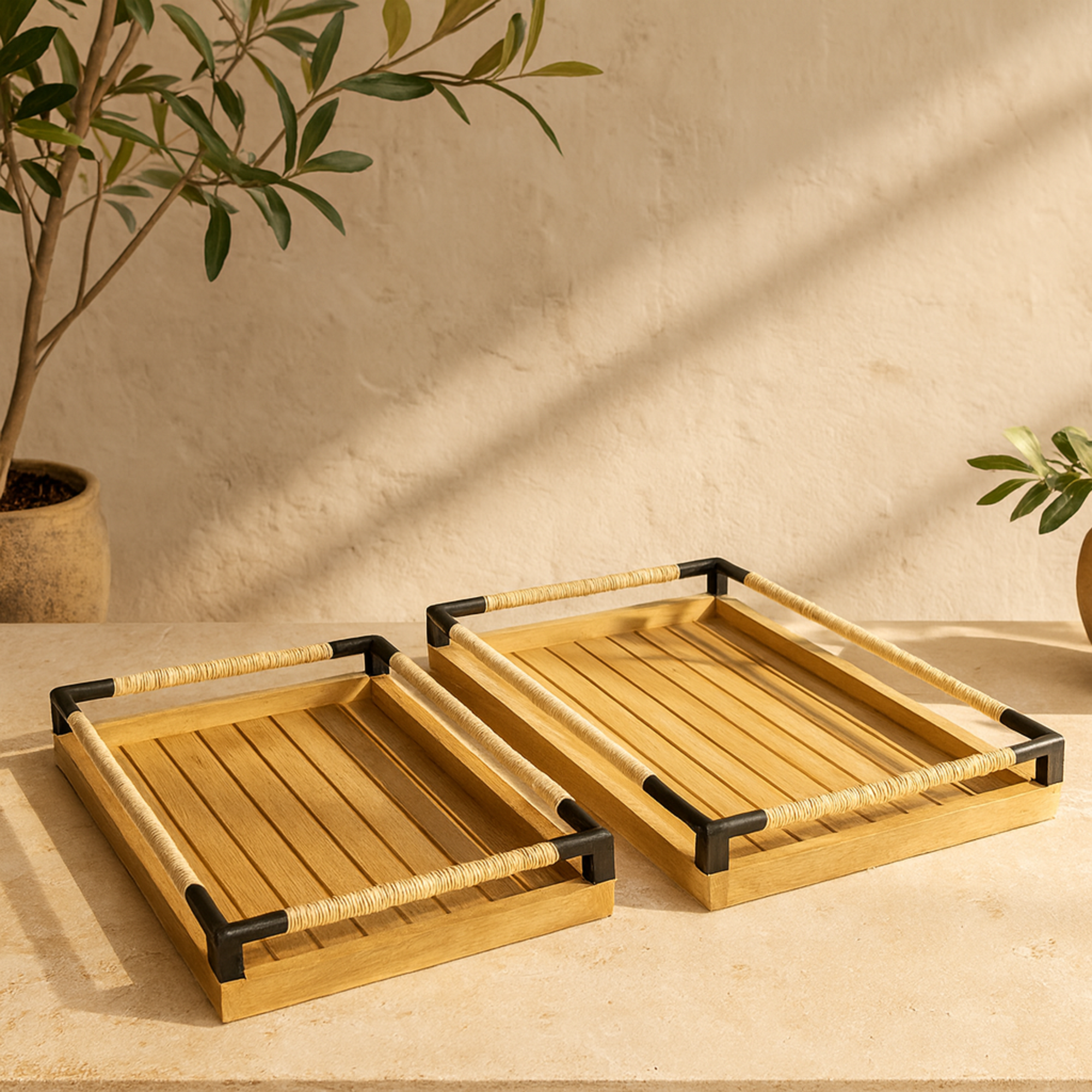 Set of 2 Brown Wood Slatted Living Room Decor Tray with Elevated Woven Sides and Black Metal Corners