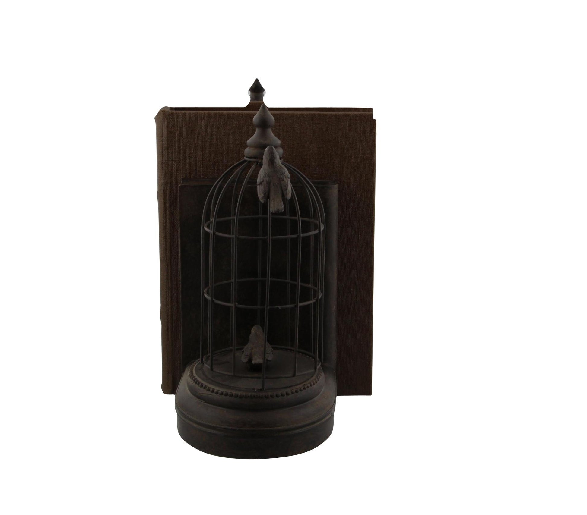 Set of 2 Bird Black Metal Decorative Bookends with Cages