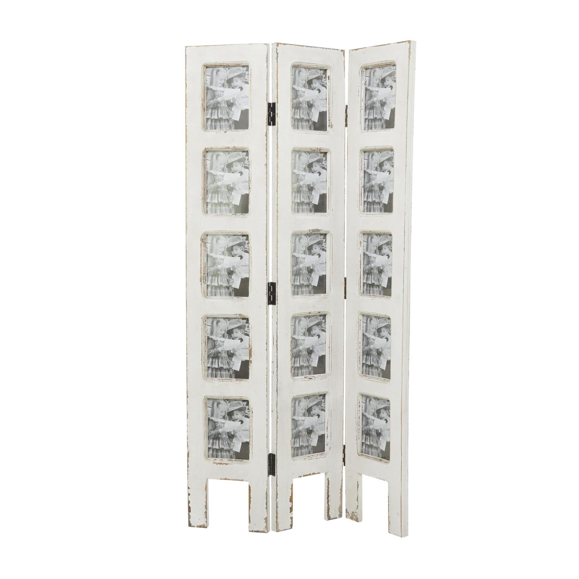 White Wooden Hinged Foldable Partition 3 Panel Partition Room Divider Screen with 15 Photo Slots