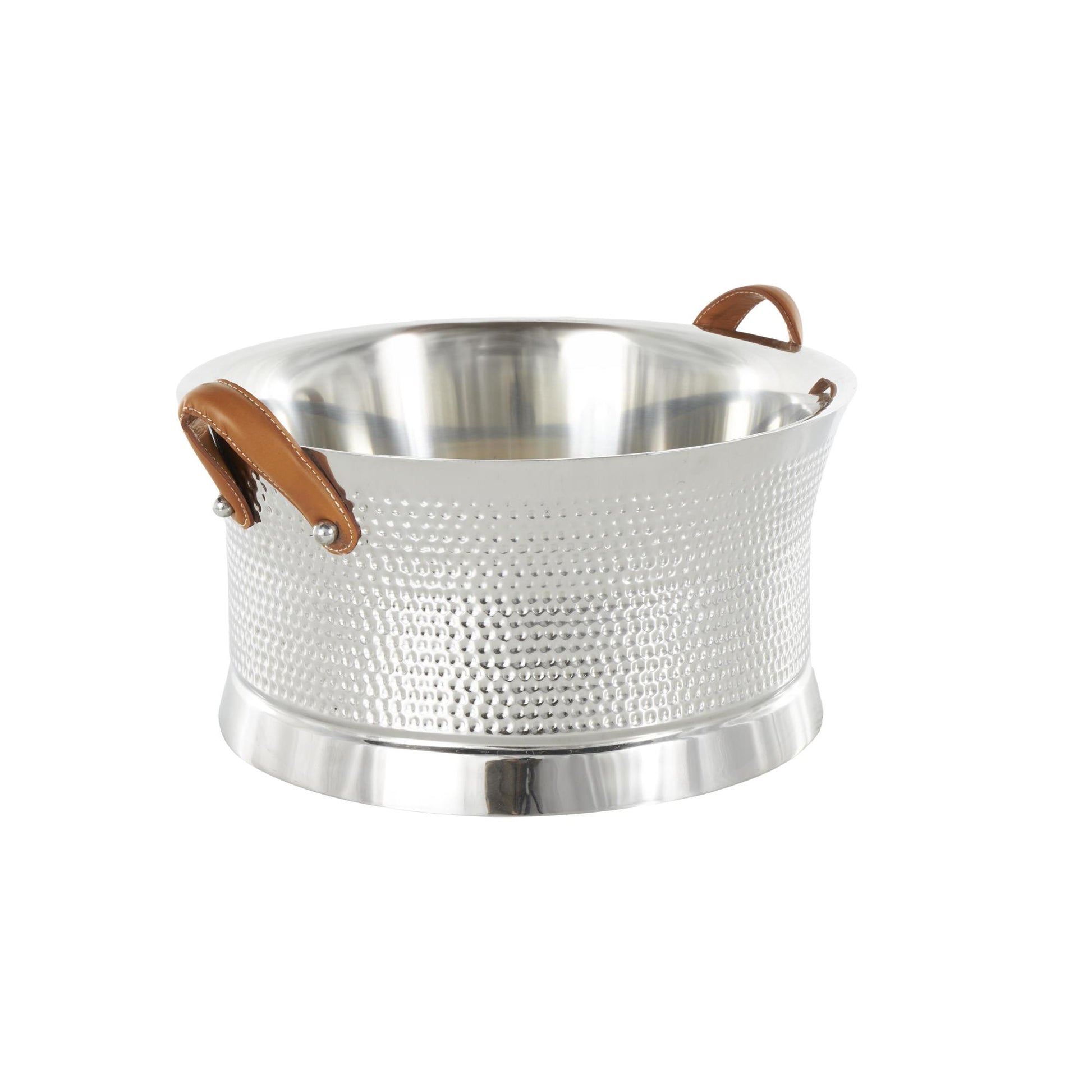 Silver Stainless Steel Metal Hammered Decorative Ice Bucket with Brown Leather Handles