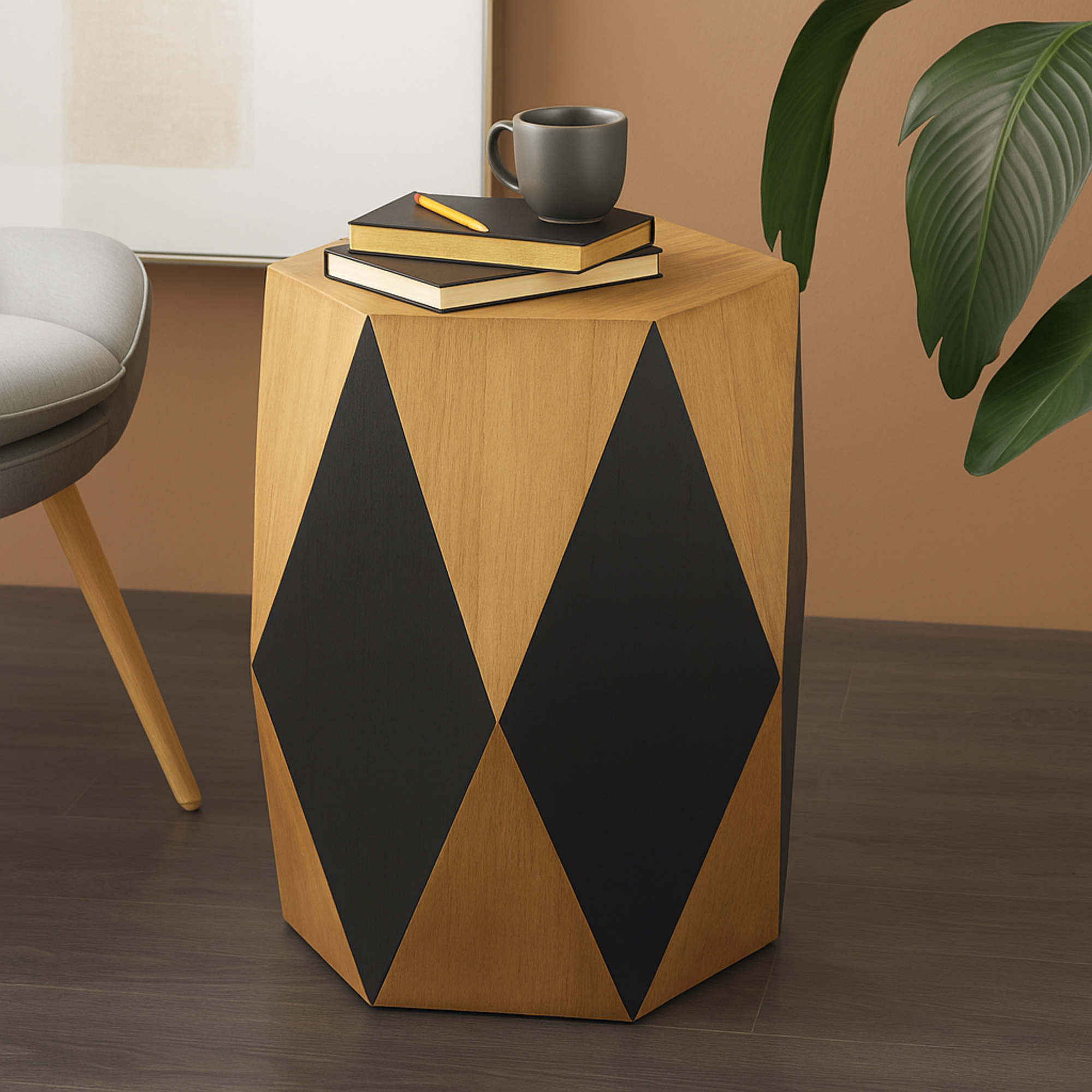 Geometric Brown Wood Diamond Side End Accent Table with Black Accents