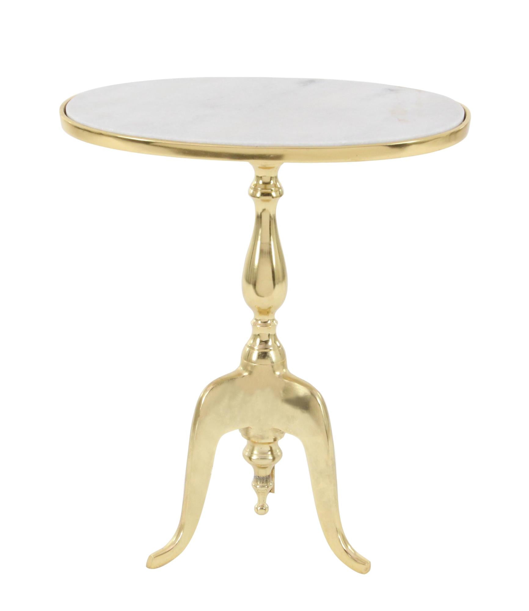 Gold Aluminum Metal Turned Oval Side End Accent Table with White Marble Top and Scroll Legs