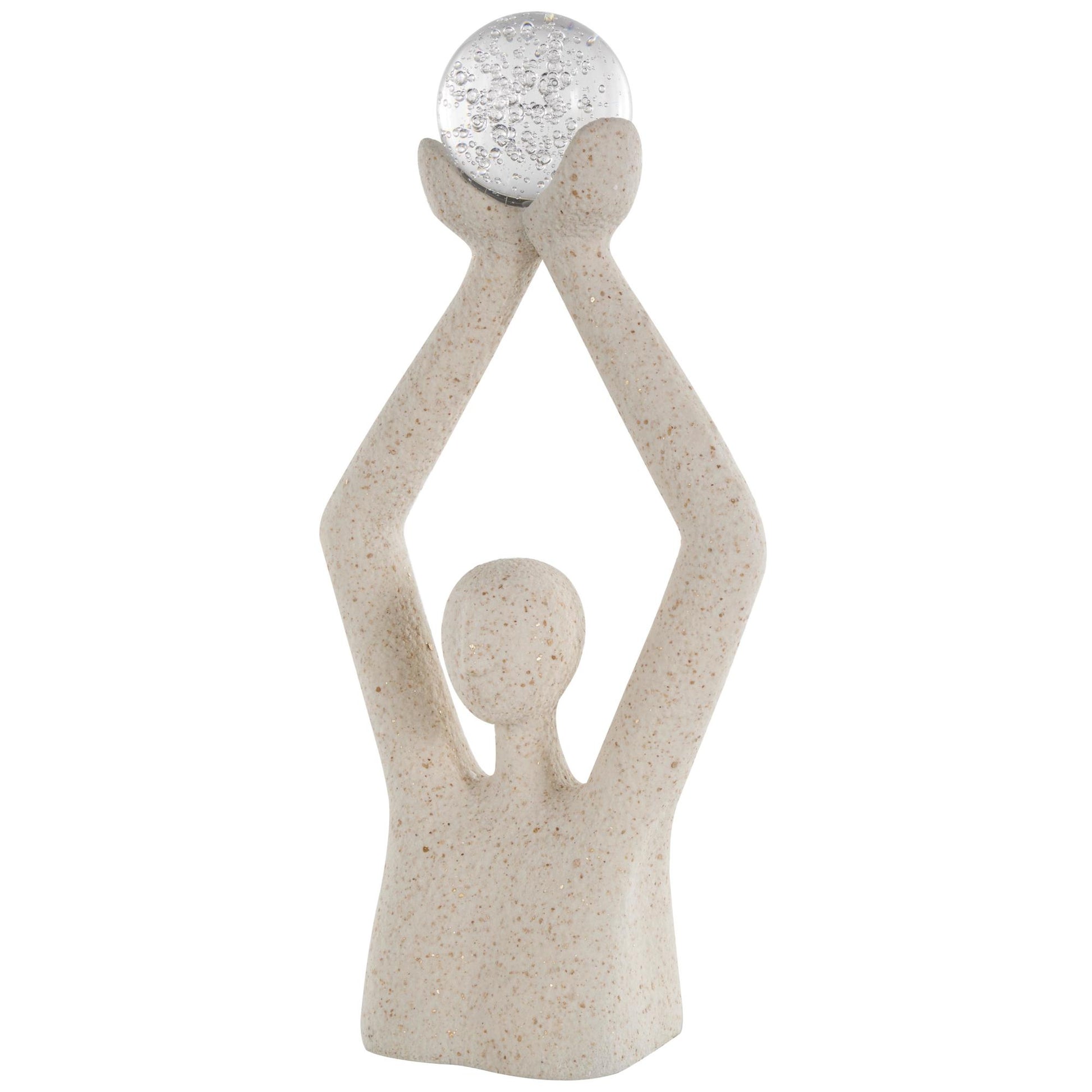 People Cream Polystone Abstract Textured Decorative Sculpture with Clear Glass Ball and Gold Speckles