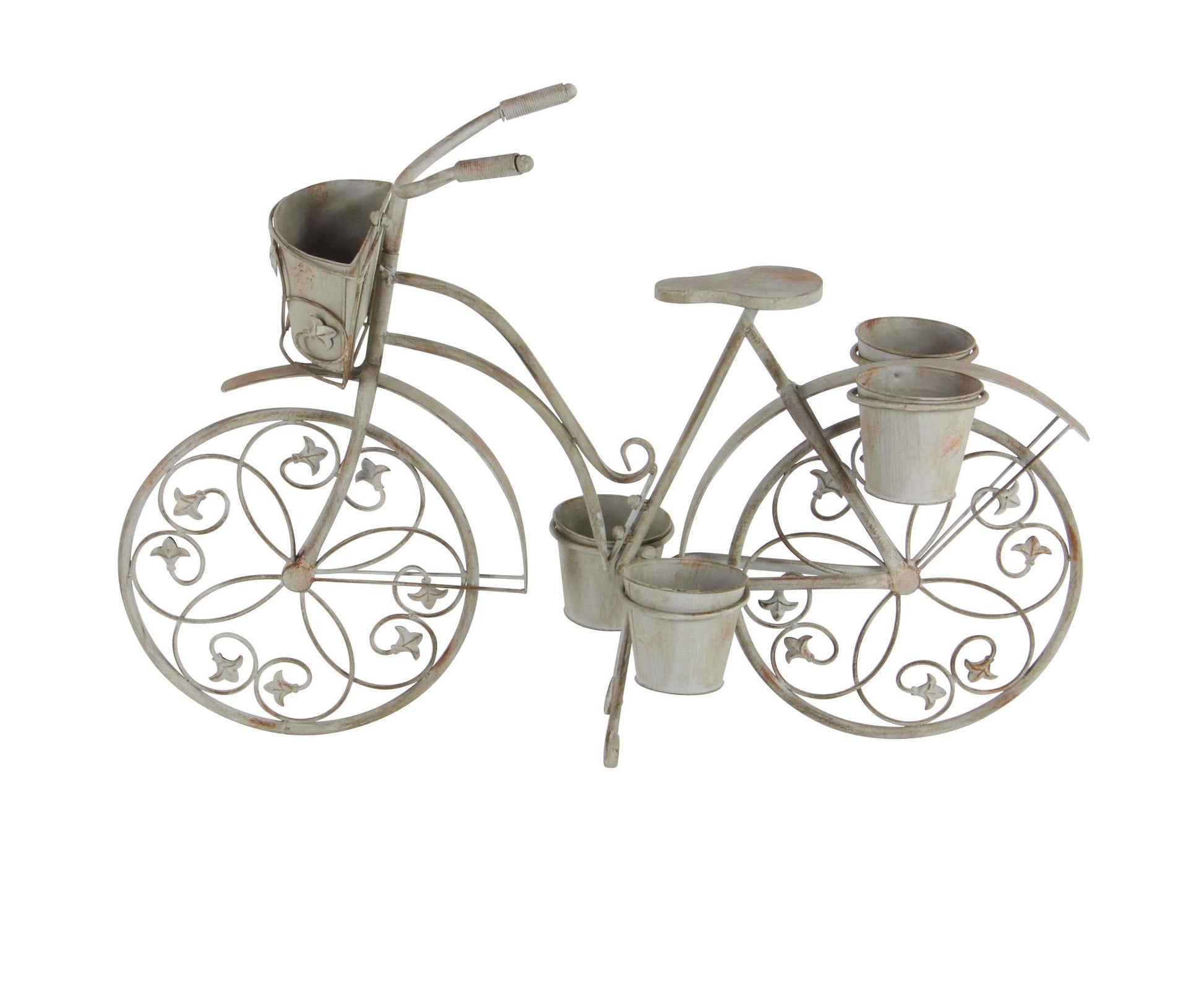 Bike Gray Metal Distressed Scroll 3 Tier Indoor Outdoor Plantstand with Fleur De Lis Wheels
