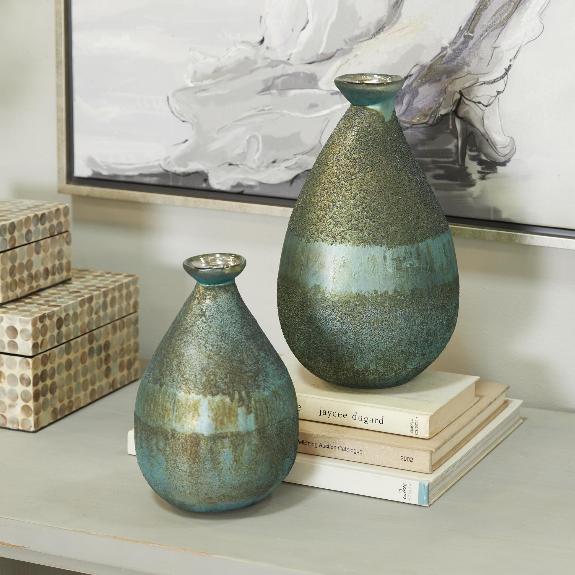 Set of 2 Glass Textured Teardrop Decorative Vase with Textured Base