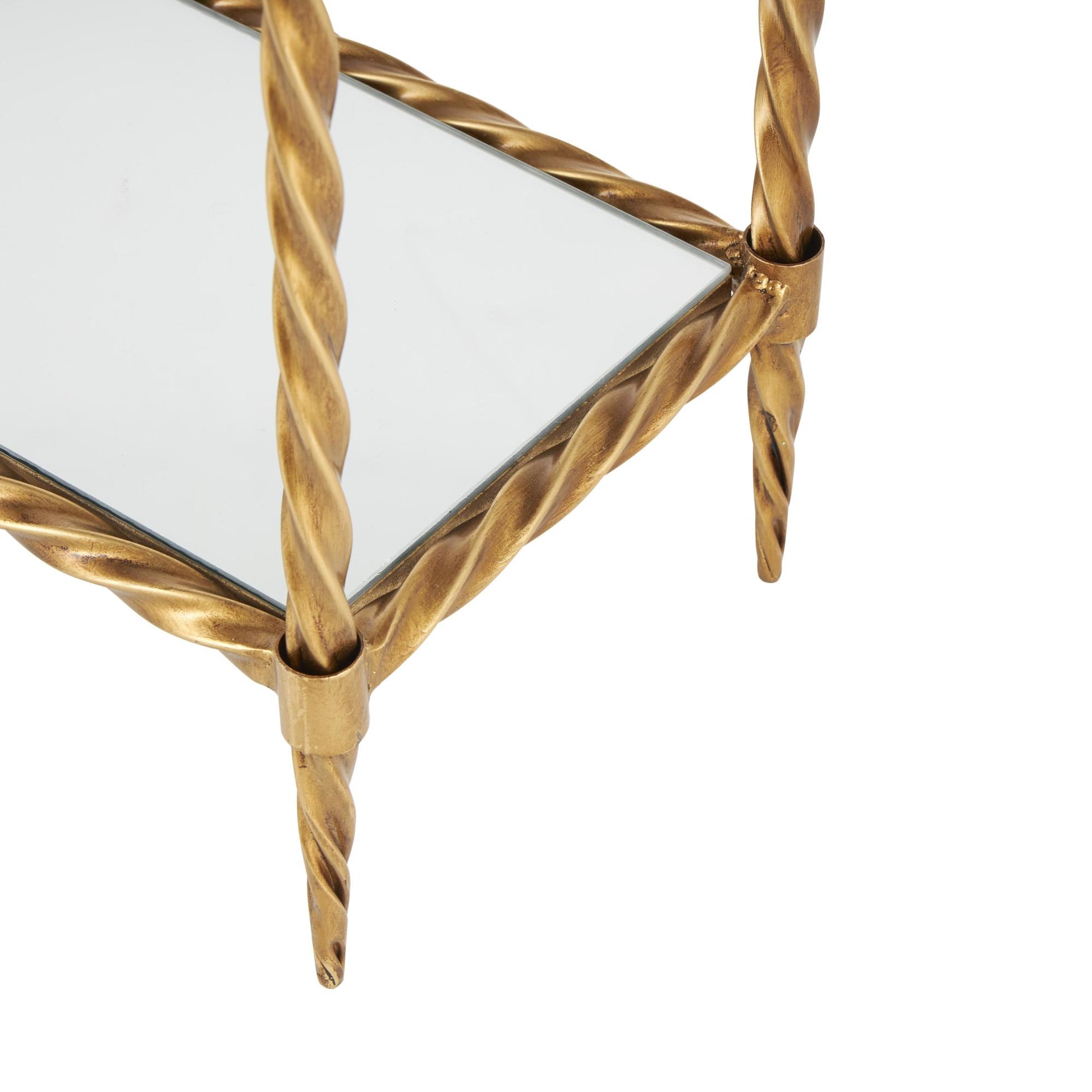 Gold Metal Twisted Rope Inspired Living Room Console Table with Mirrored Glass Top and Shelf