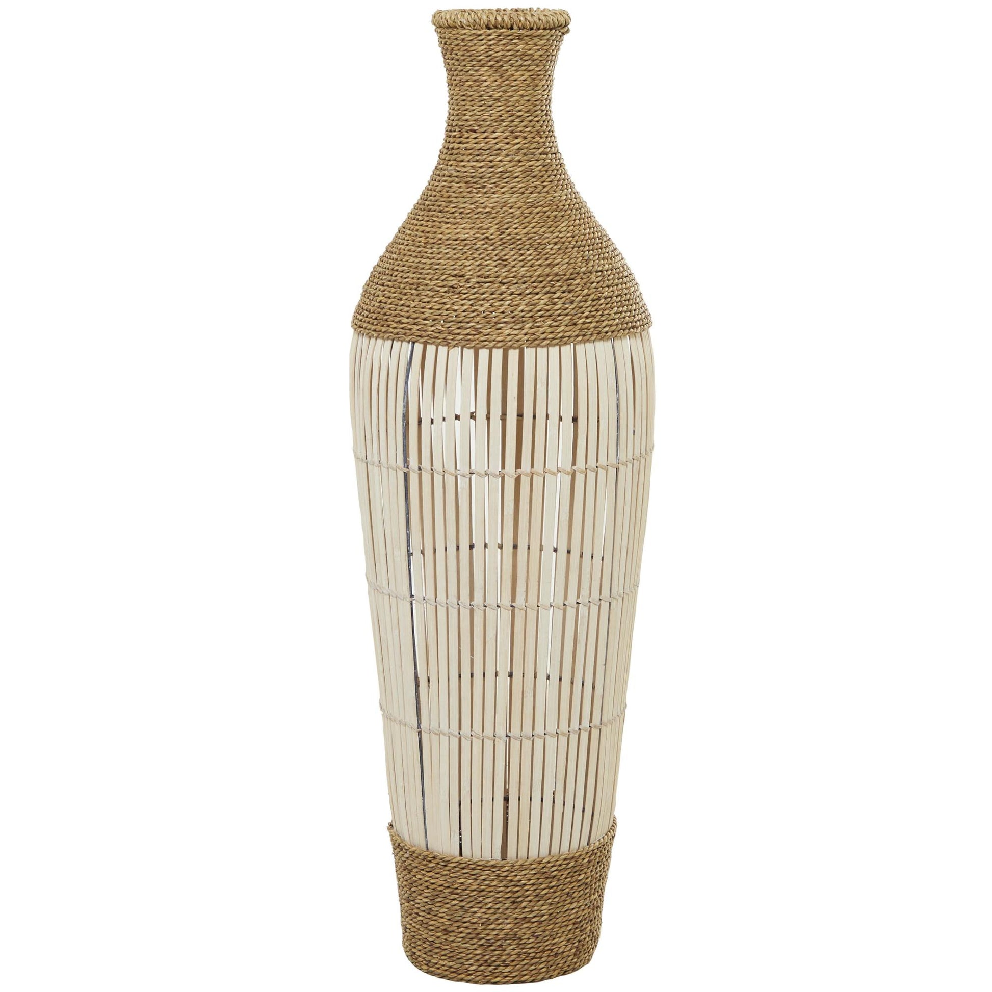 Brown Seagrass Handmade Wrapped Tall Decorative Vase with Cream Slatted Bamboo Center