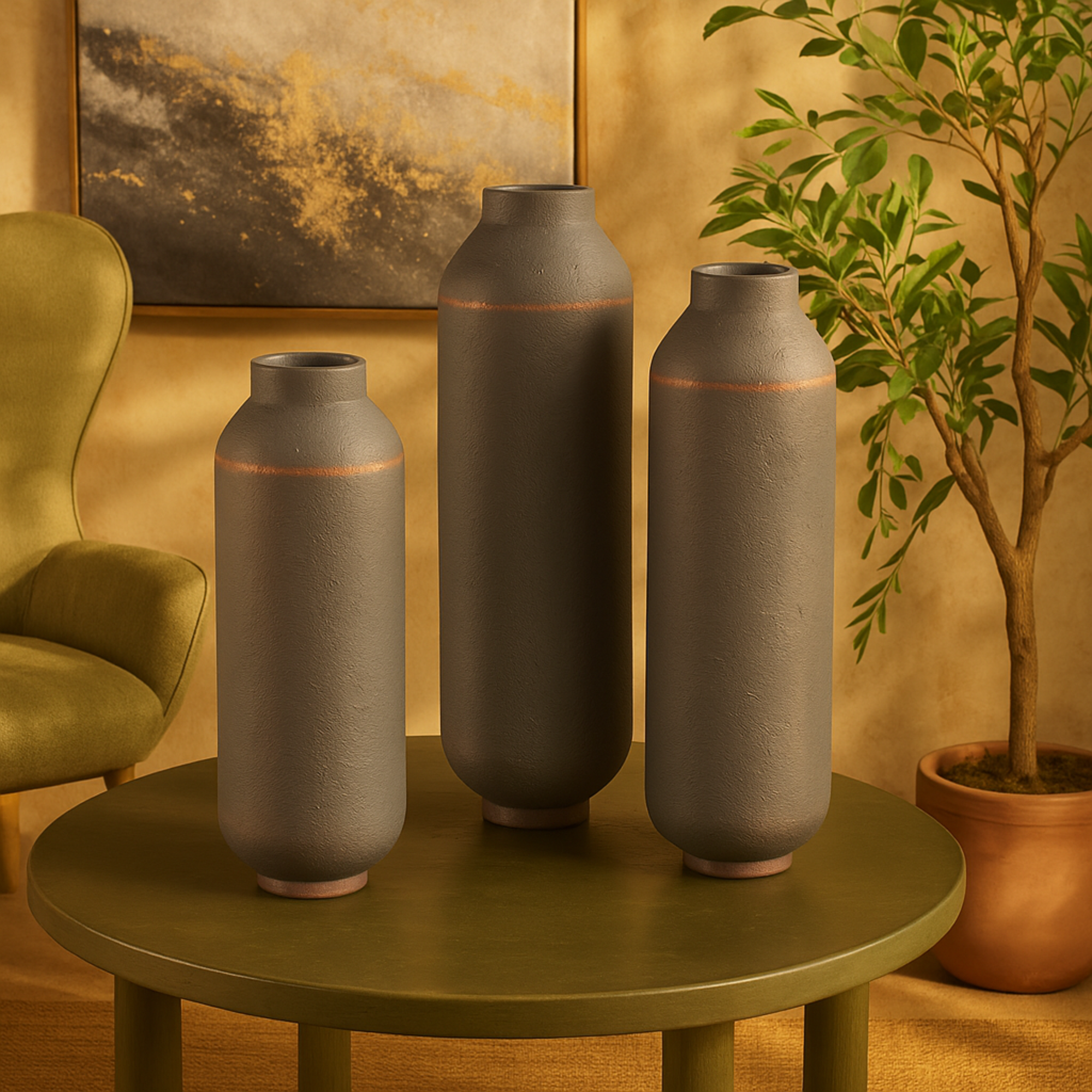 Set of 3 Dark Brown Metal Floor Decorative Vase with Copper Accents