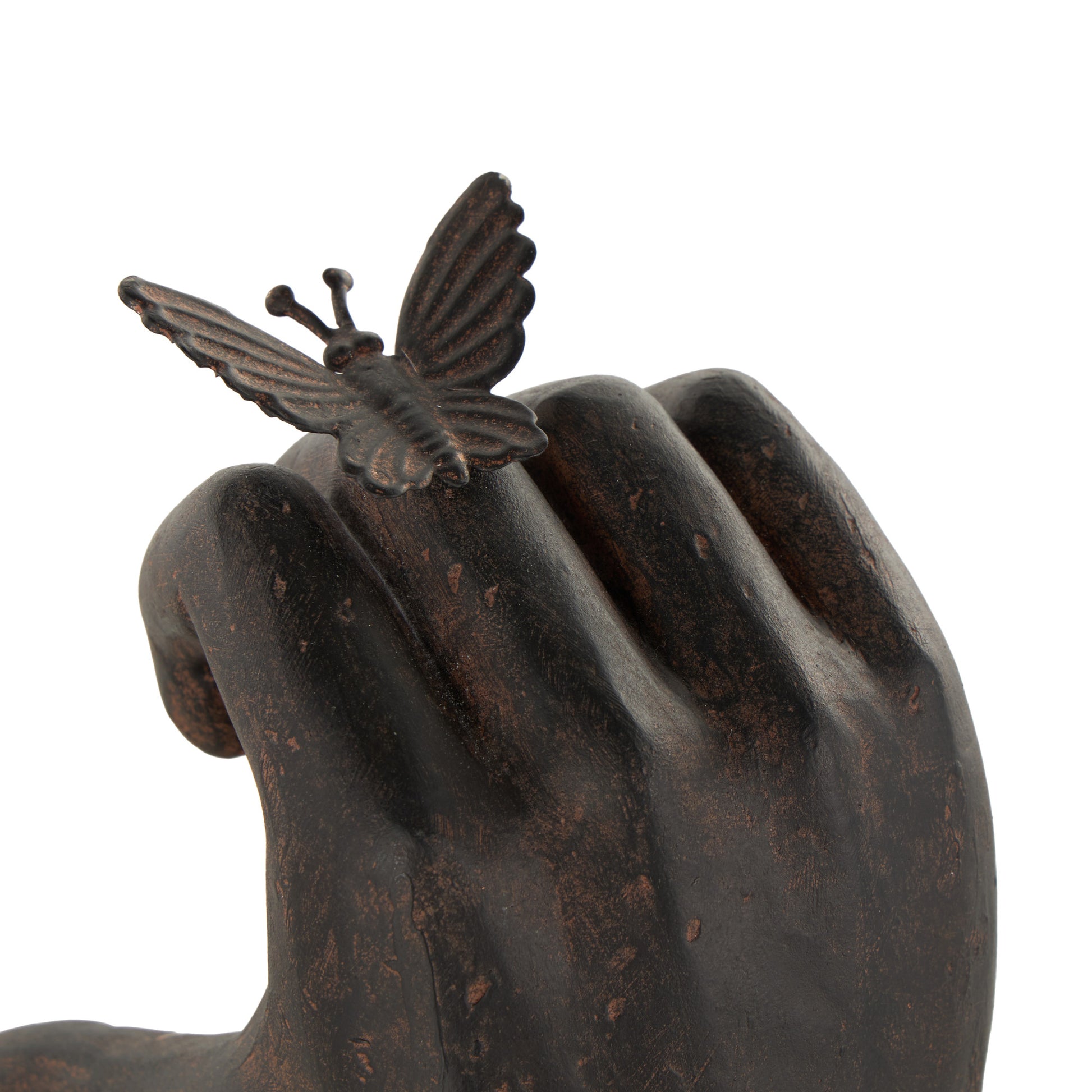 Set of 2 Hands Dark Brown Resin Heart Inspired Decorative Bookends with Butterfly and Copper Accents