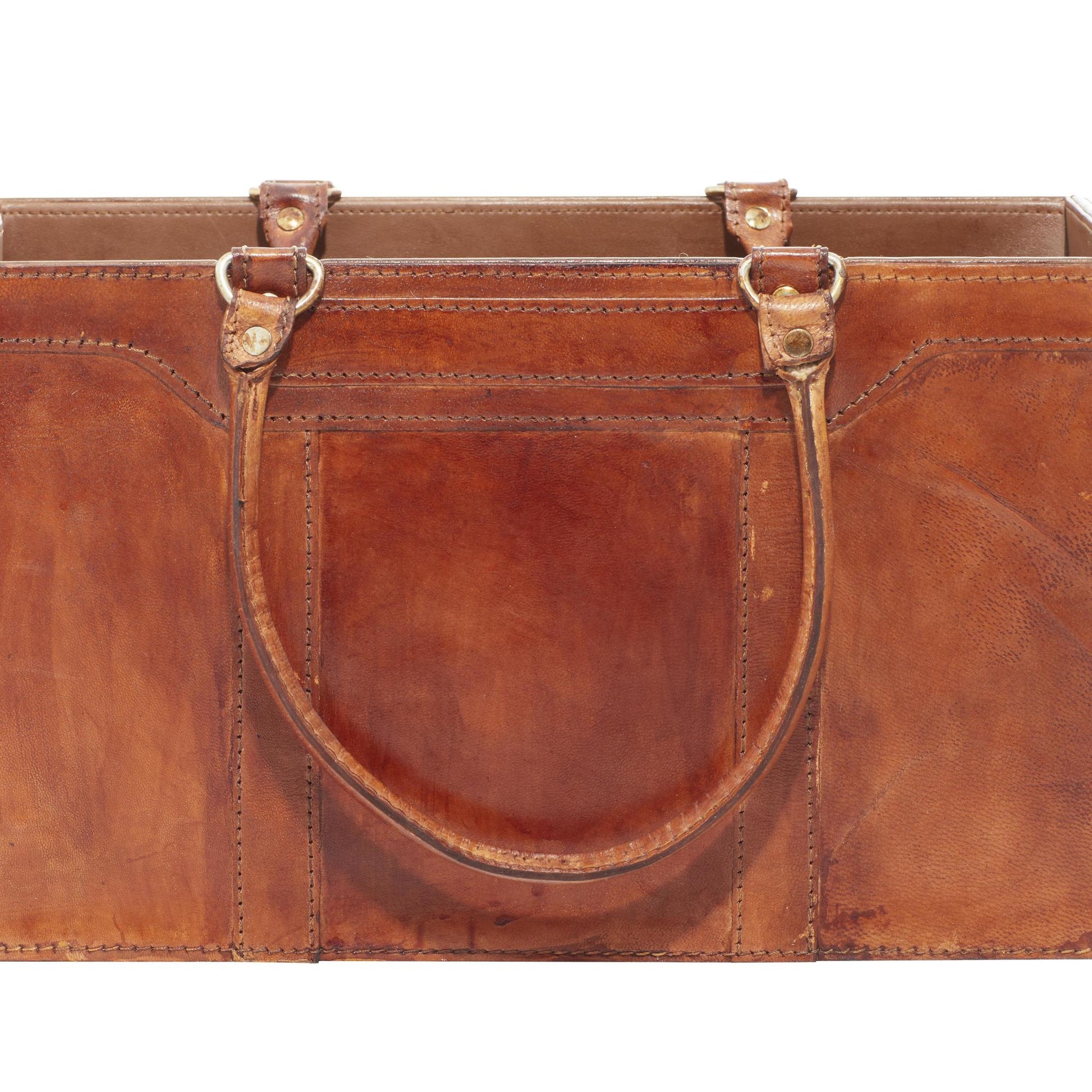 Brown Leather Handmade Box Style Decorative Magazine Holder with Detail Stitching and Curved Handles