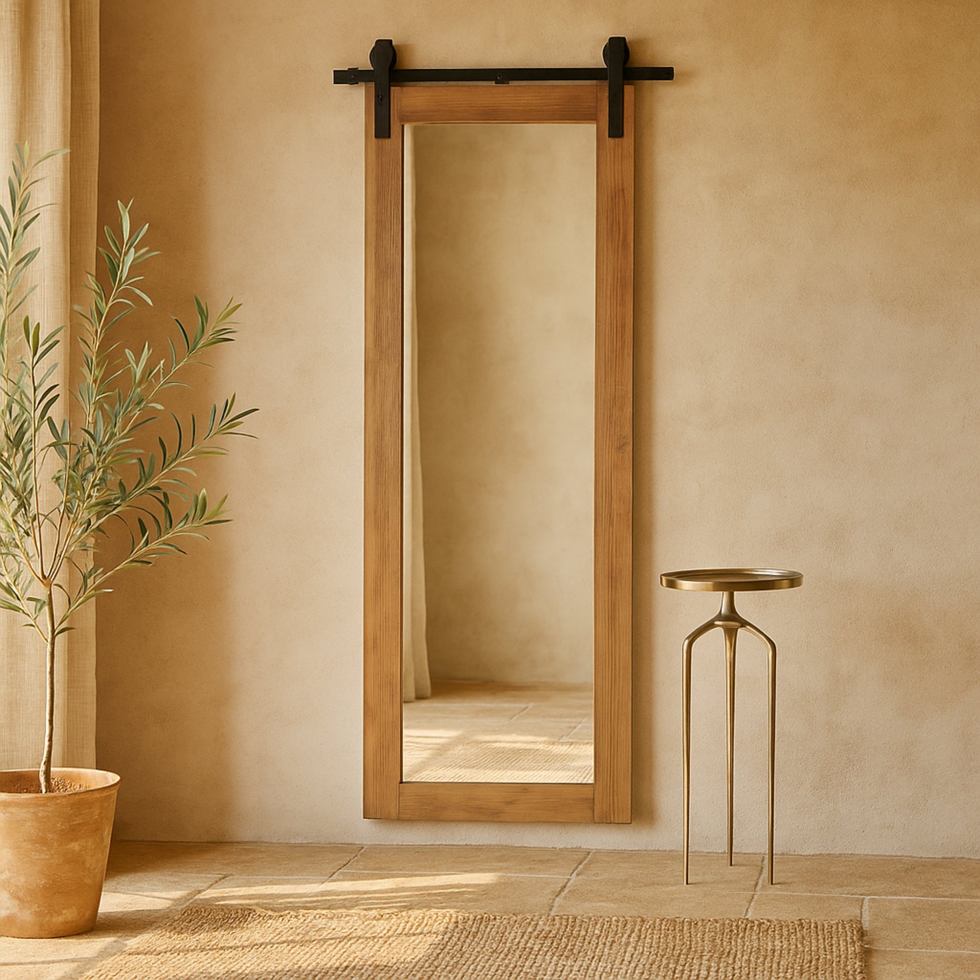 Brown Wood Room Wall Mirror with Black Metal Hanging Rod