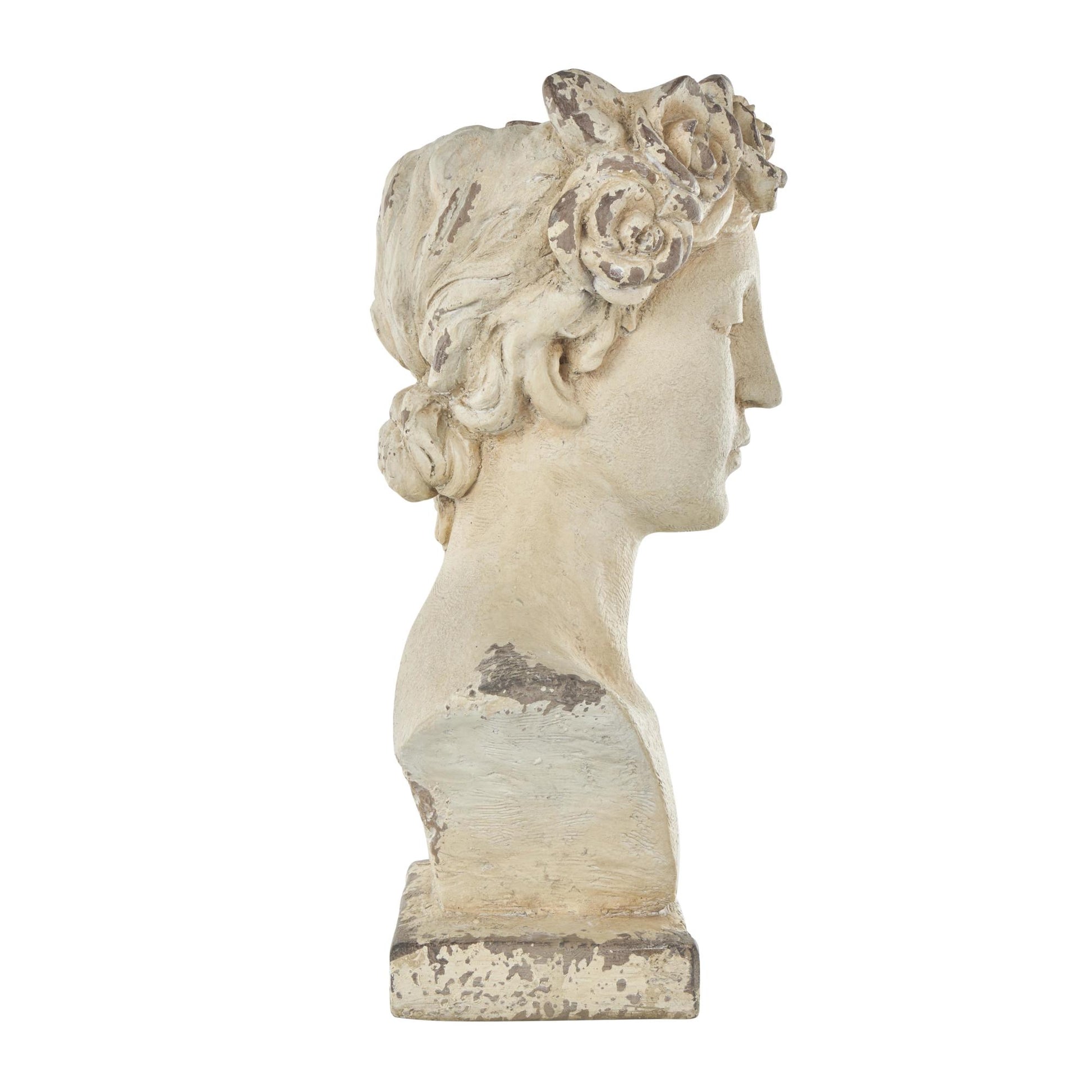 Woman Cream Magnesium Oxide Distressed Antique Greek Bust Indoor Outdoor Planter with Floral Accents