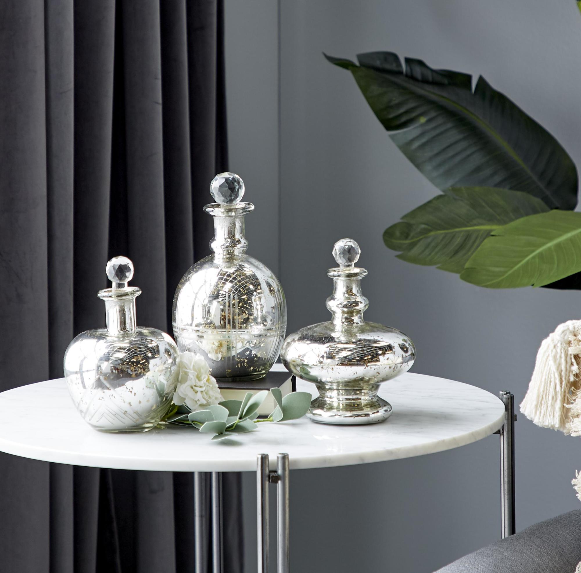Set of 3 Silver Glass Living Room Decorative Jars with Crystal Stoppers