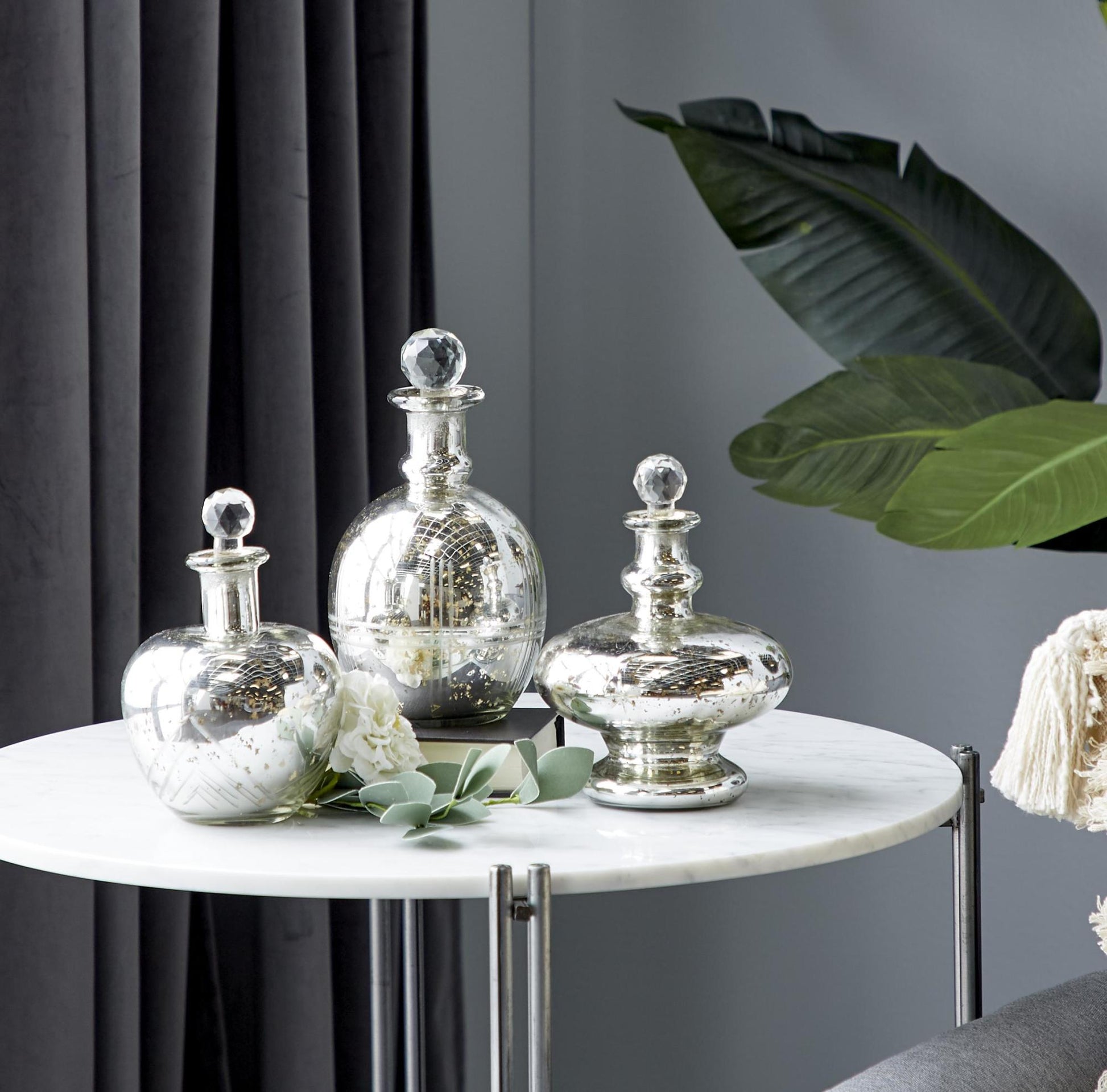 Set of 3 Silver Glass Living Room Decorative Jars with Crystal Stoppers